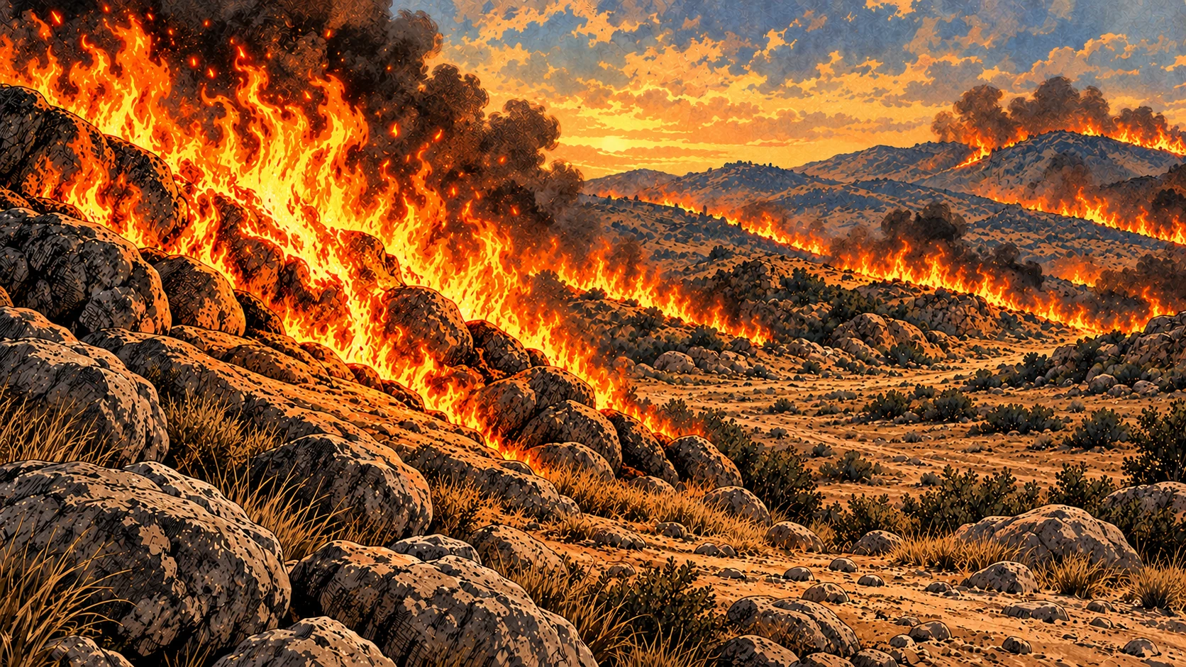 Natural flames burn against bare dark rocks.