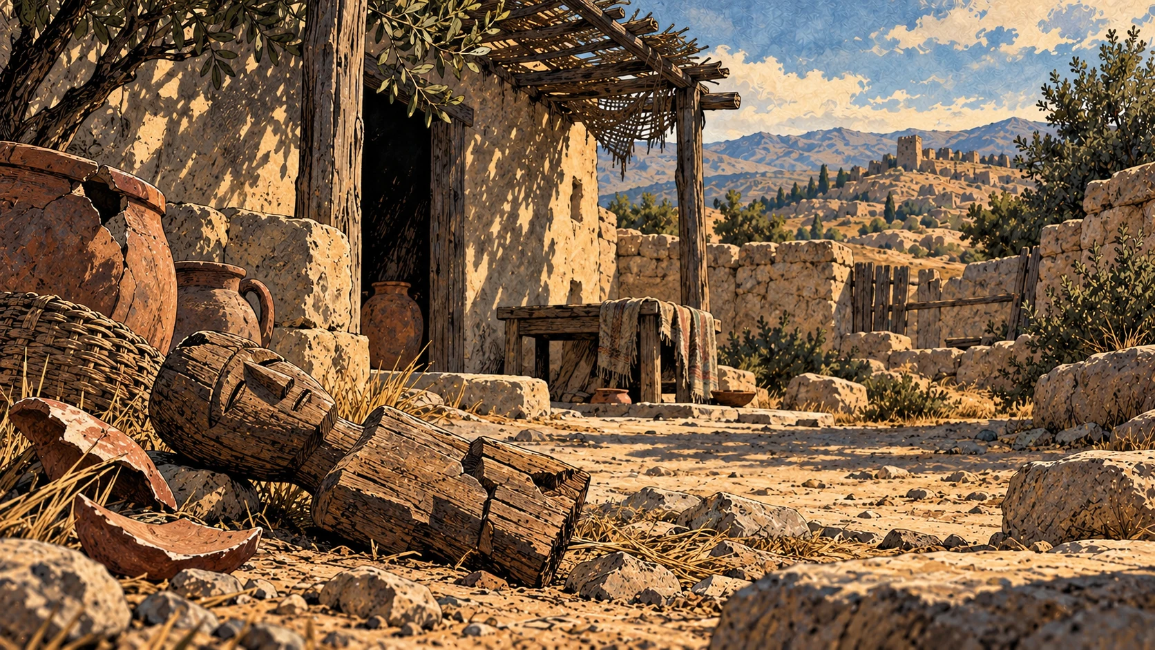 A discarded wooden carving lies in an empty courtyard.