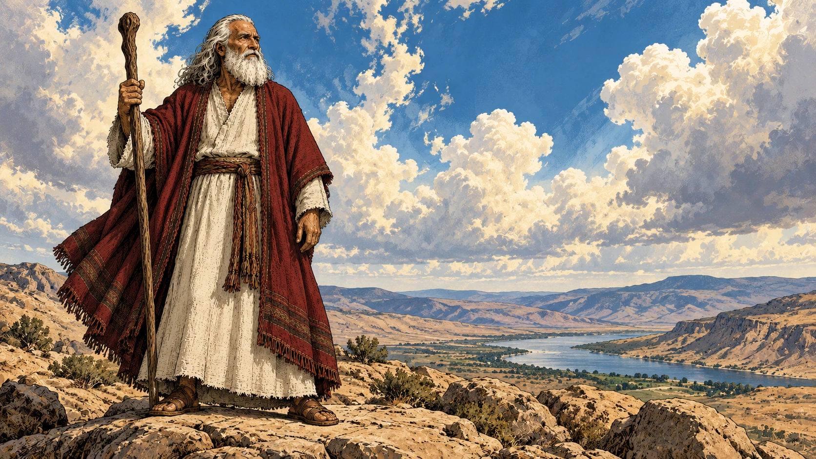 Moses stands beneath a broad sky above the river valley.