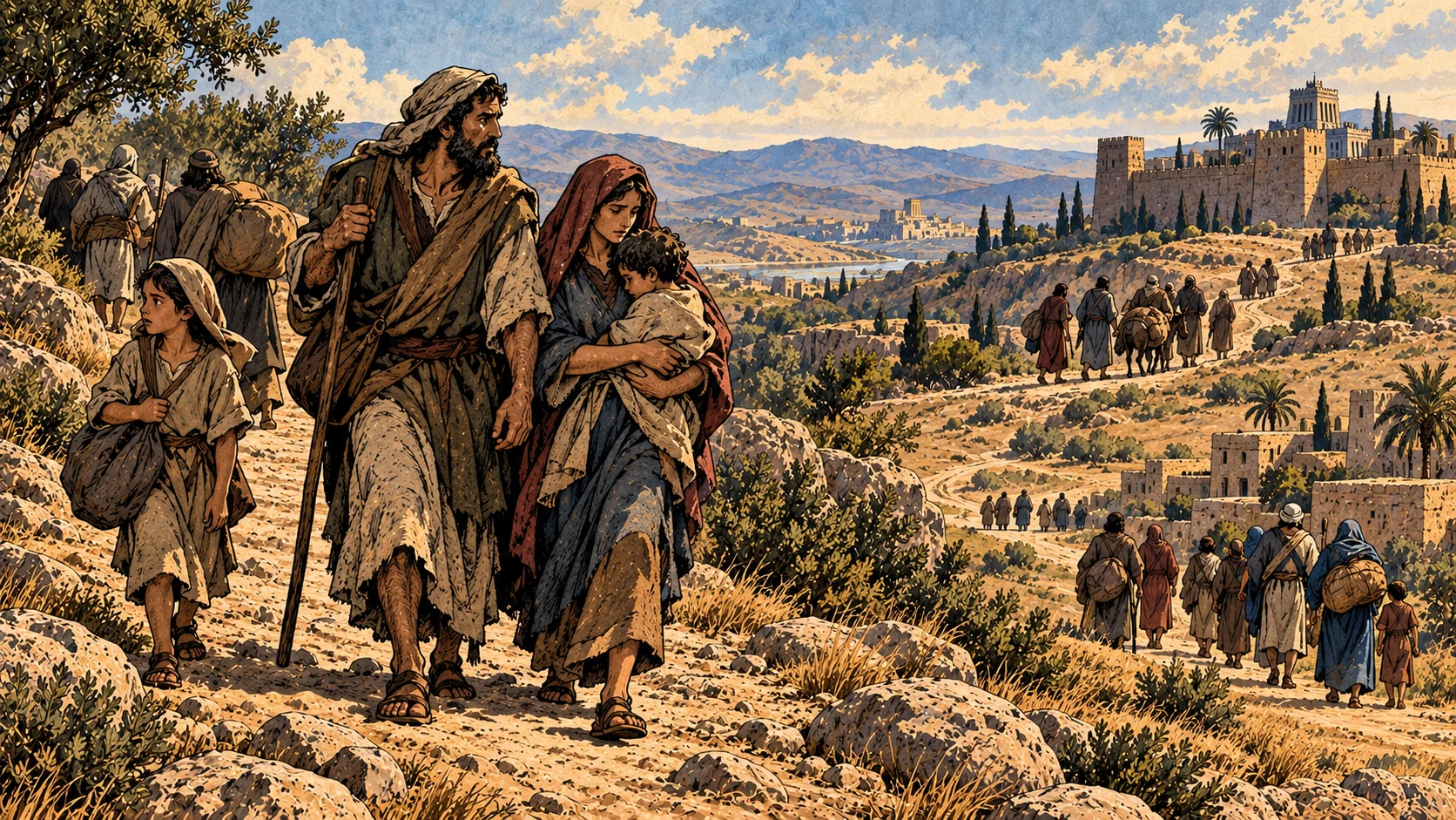Small anonymous groups travel separated roads among settlements.