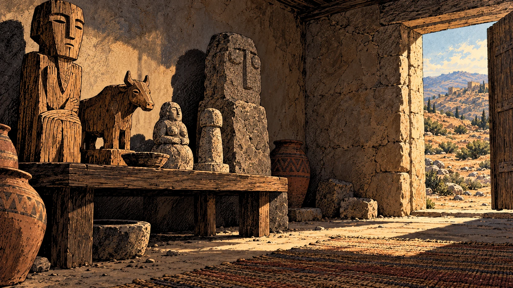 Inert wooden and stone likenesses stand in an empty room.
