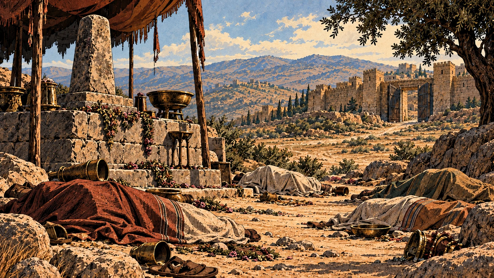 A deserted cult precinct contains a plain stone pillar and cloth-covered forms.