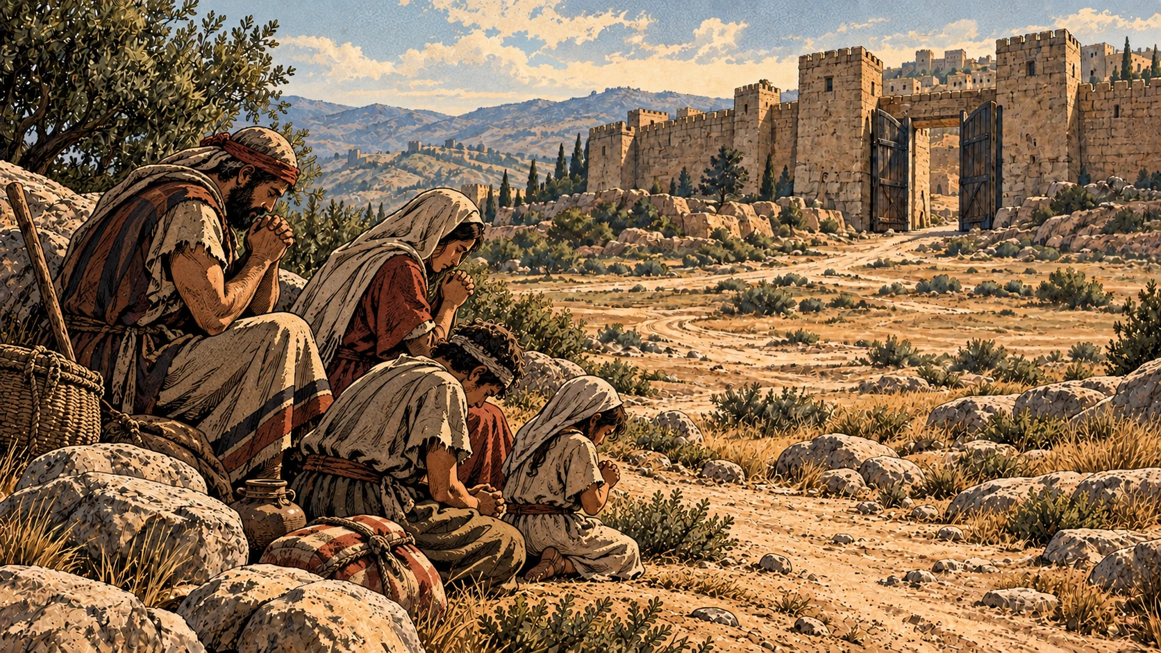 An anonymous household pauses together in prayer beside a road.