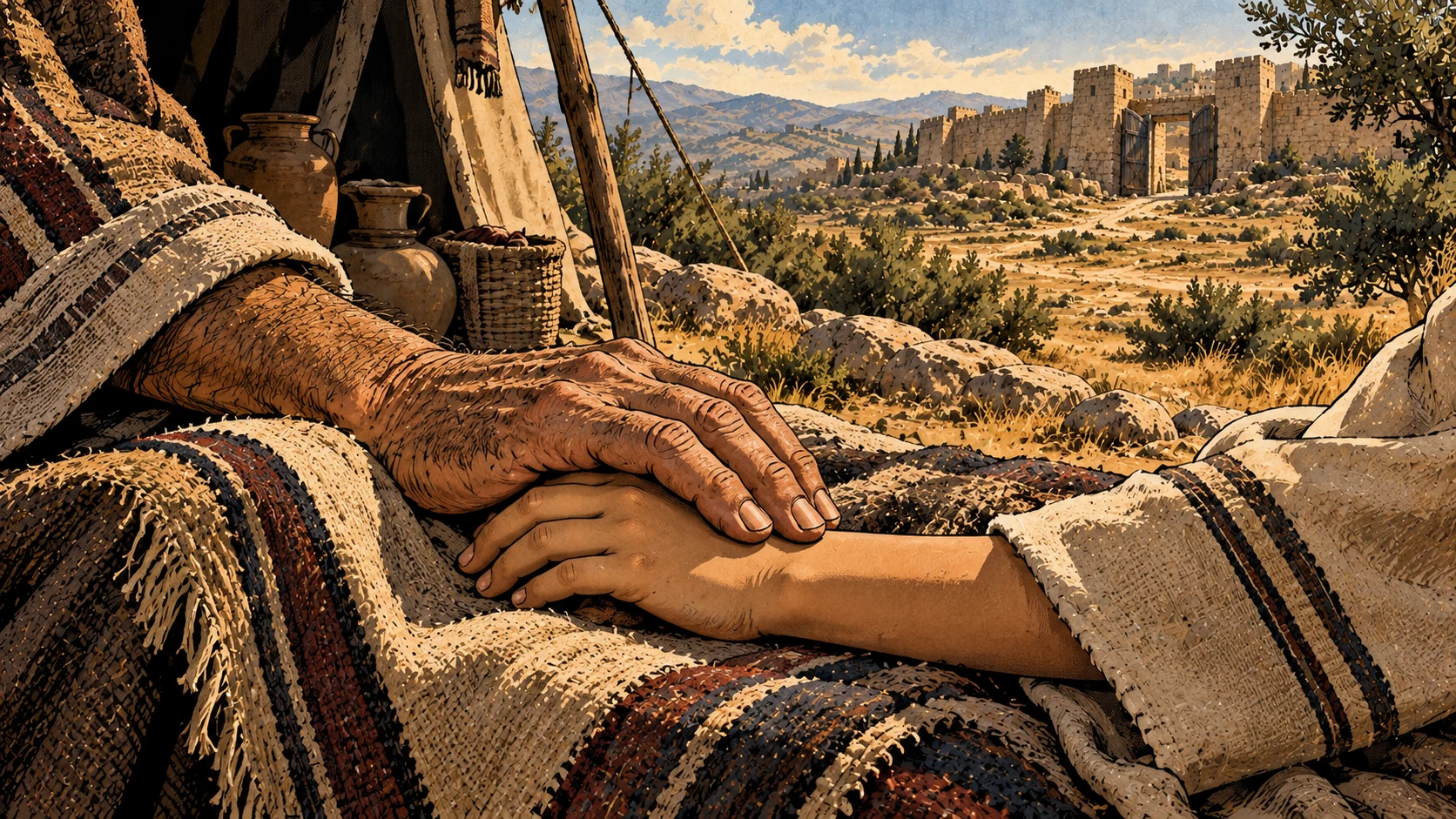 An older hand rests gently on a younger hand.