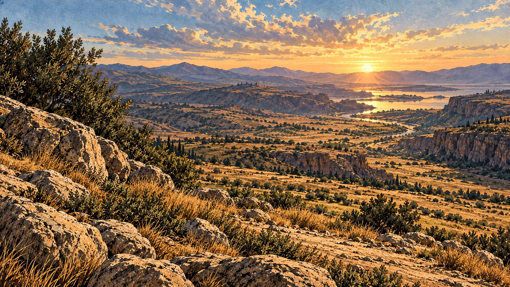 A wide unoccupied landscape stretches beneath the dawn sky.