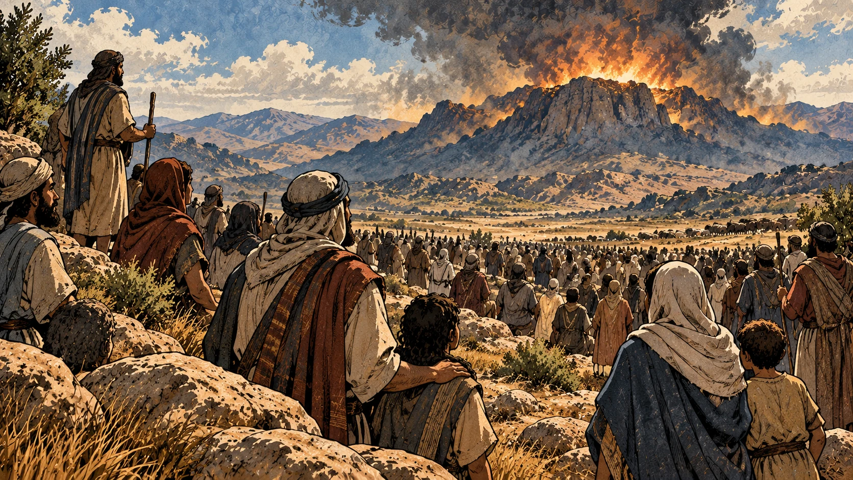 A living congregation faces distant mountain fire.