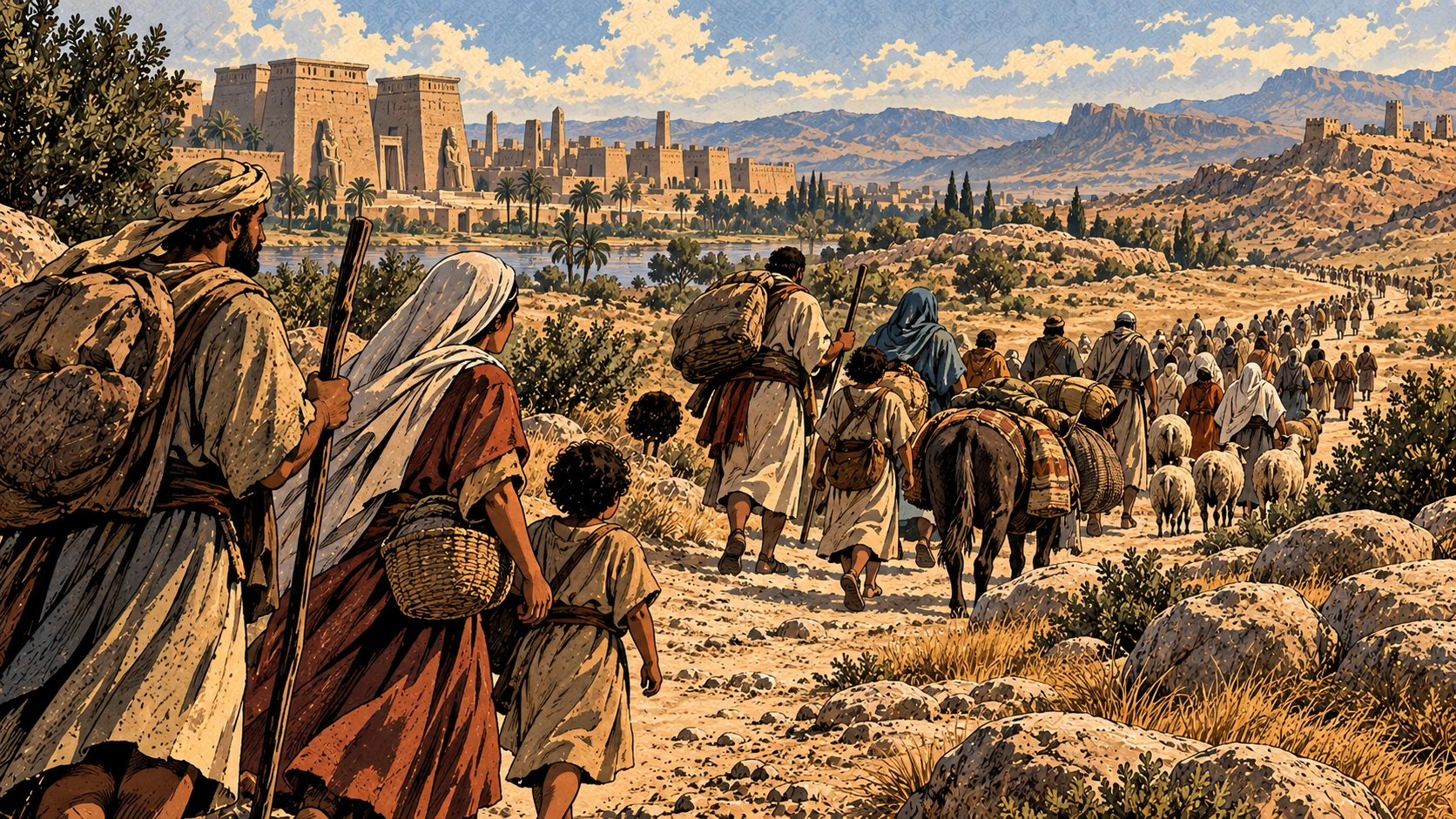 Anonymous households leave distant Egyptian buildings along an open road.