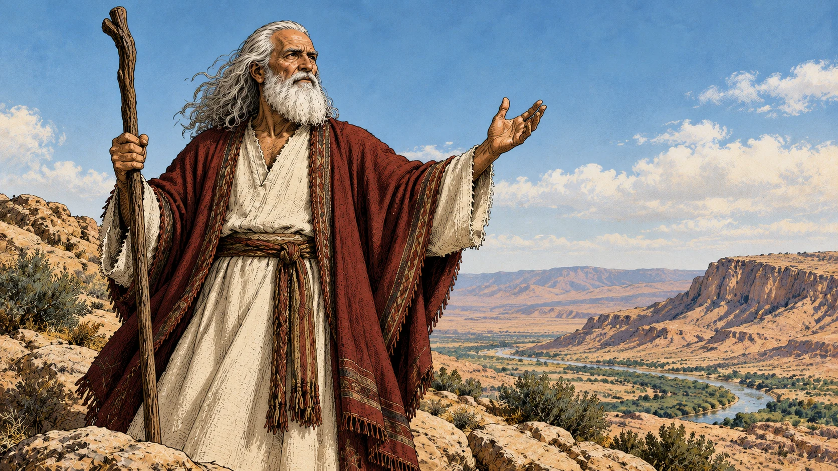 Moses teaches with an open hand beneath the sky.