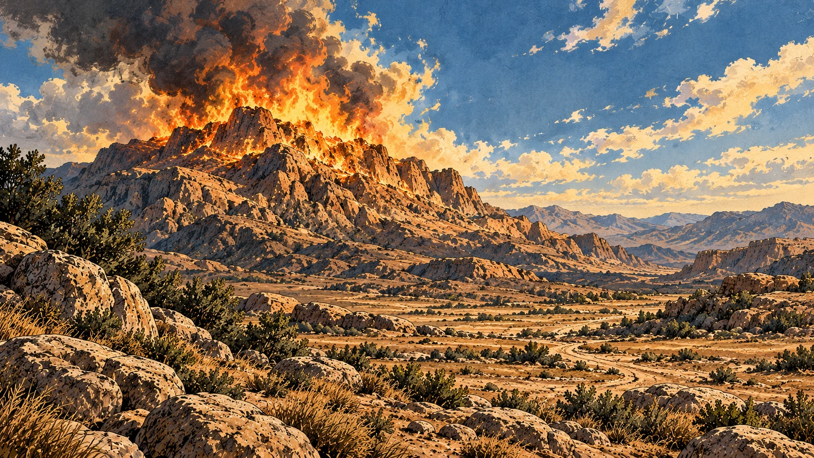 Fire crowns an unoccupied mountain beneath the sky.