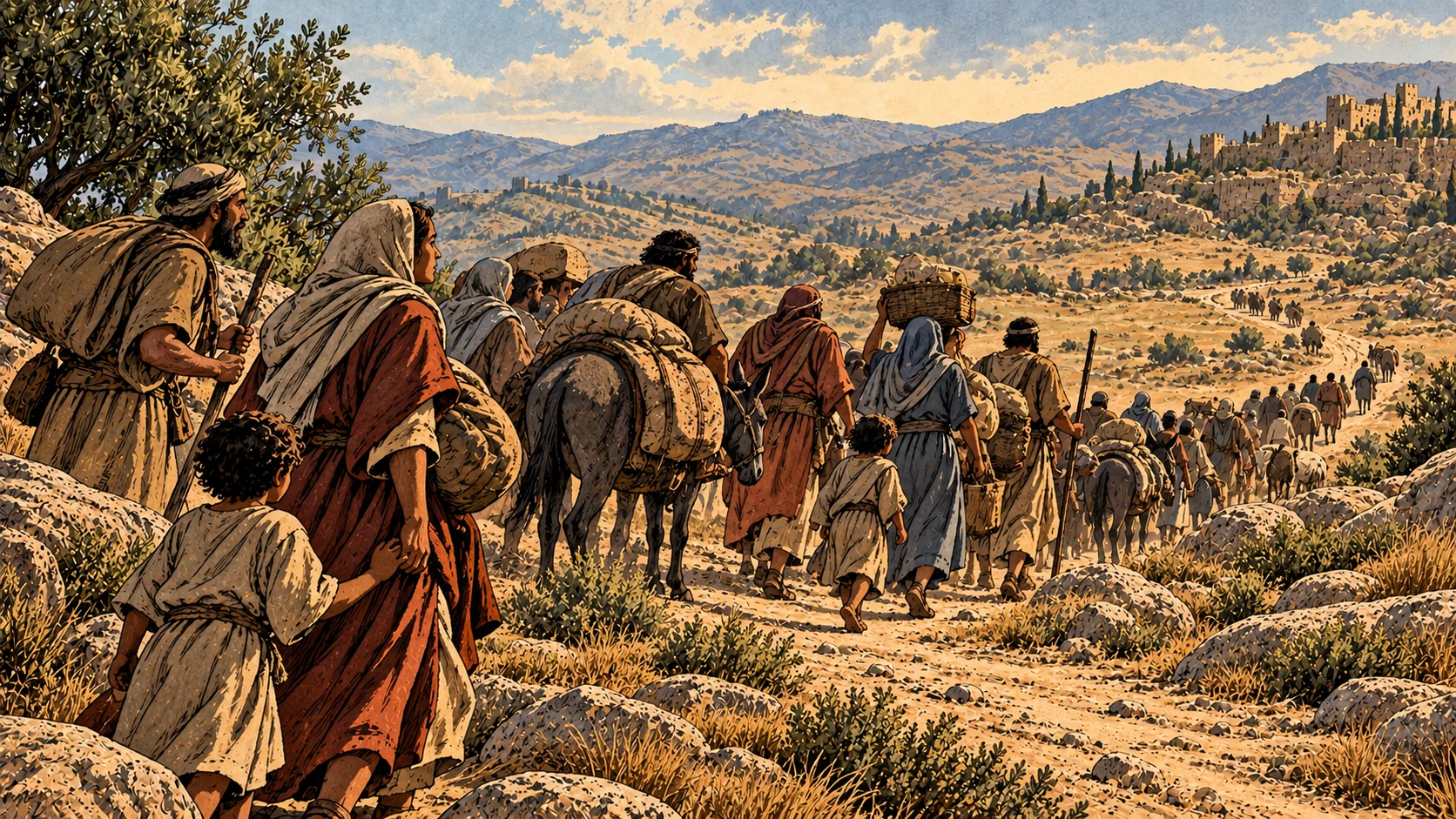 Anonymous generations travel along an open wilderness road.