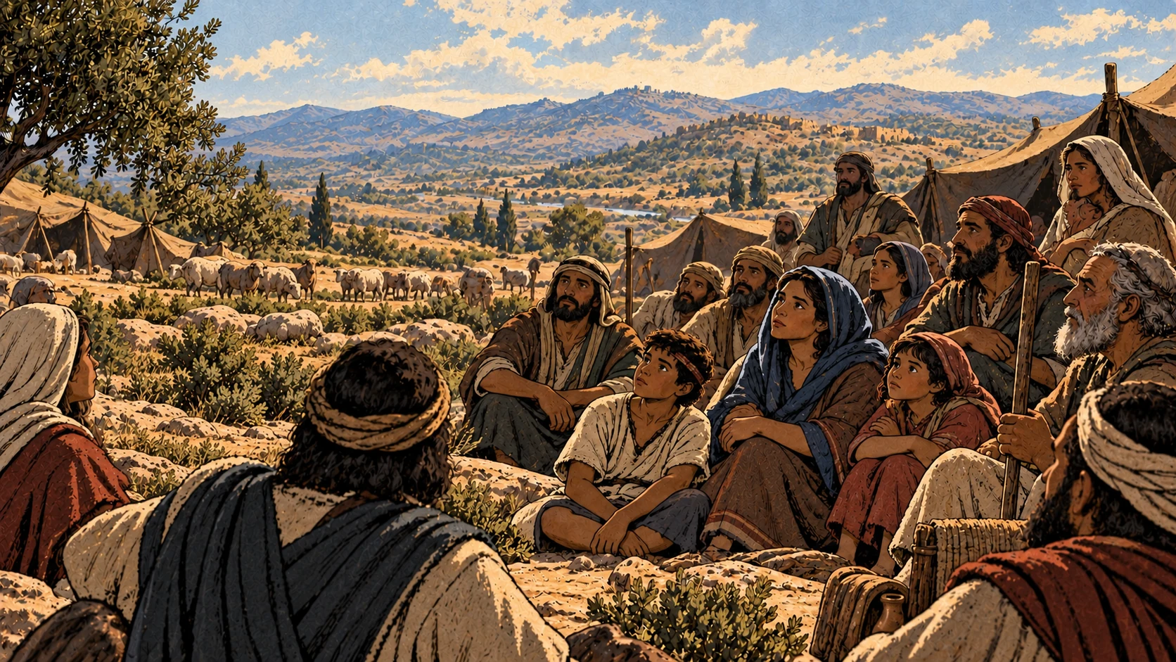 Living Israelites of different ages listen beside their tents.