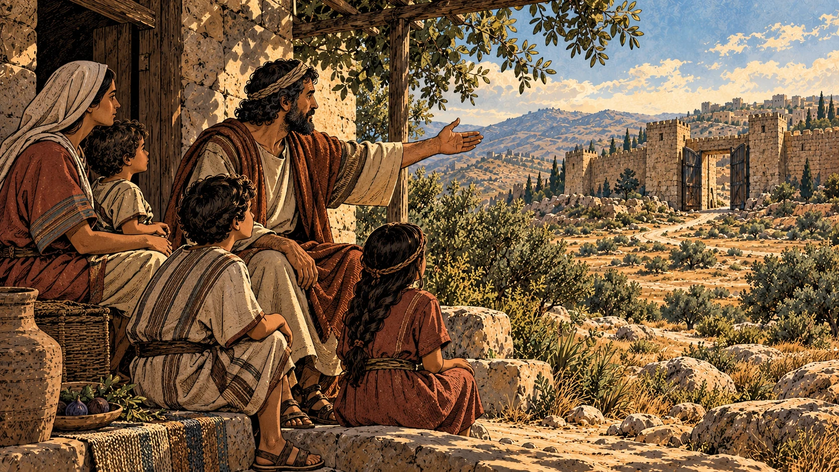 A multigenerational household gathers at a shaded doorway.