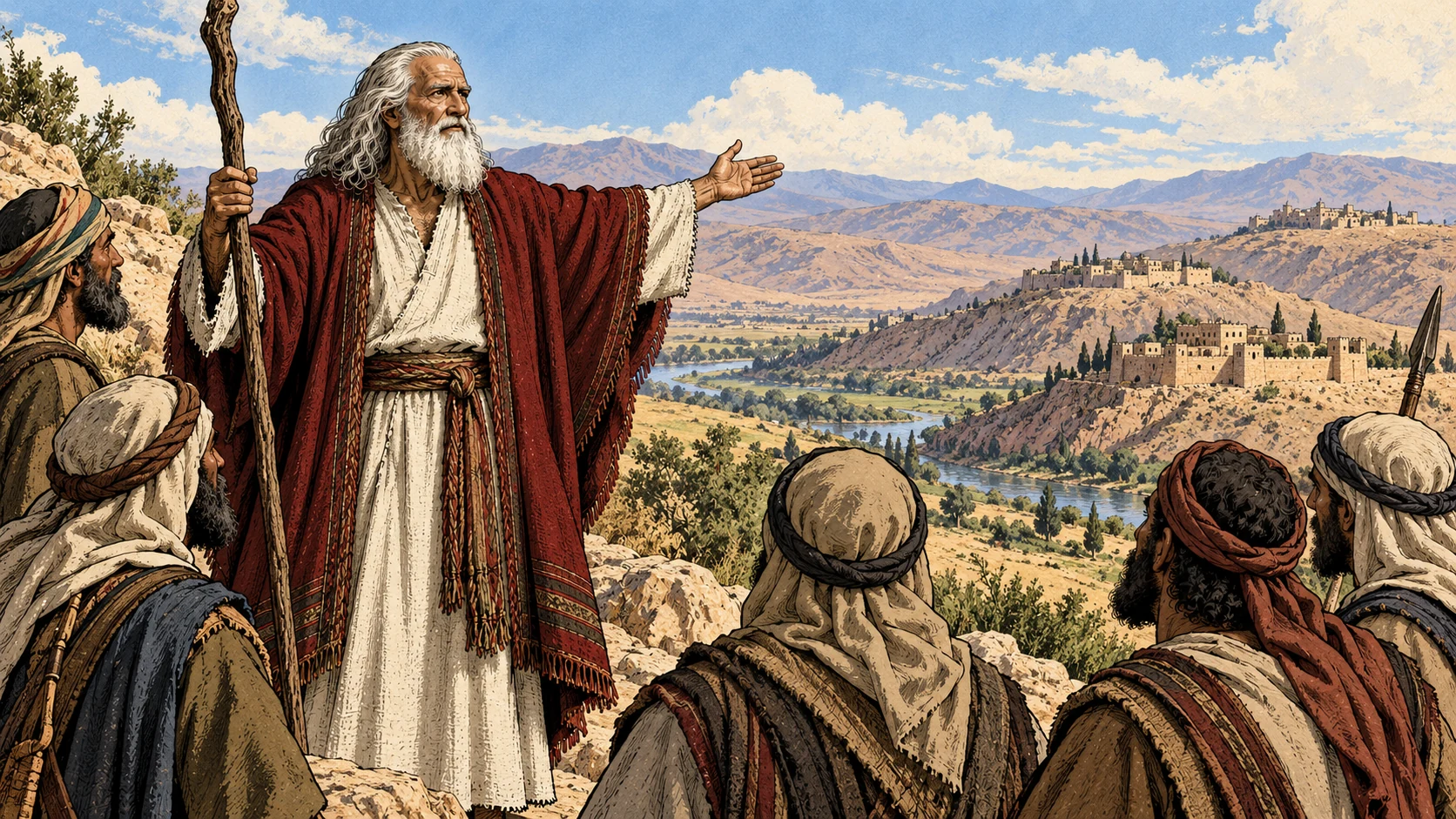 Moses gestures toward eastern settlements before attentive representatives.