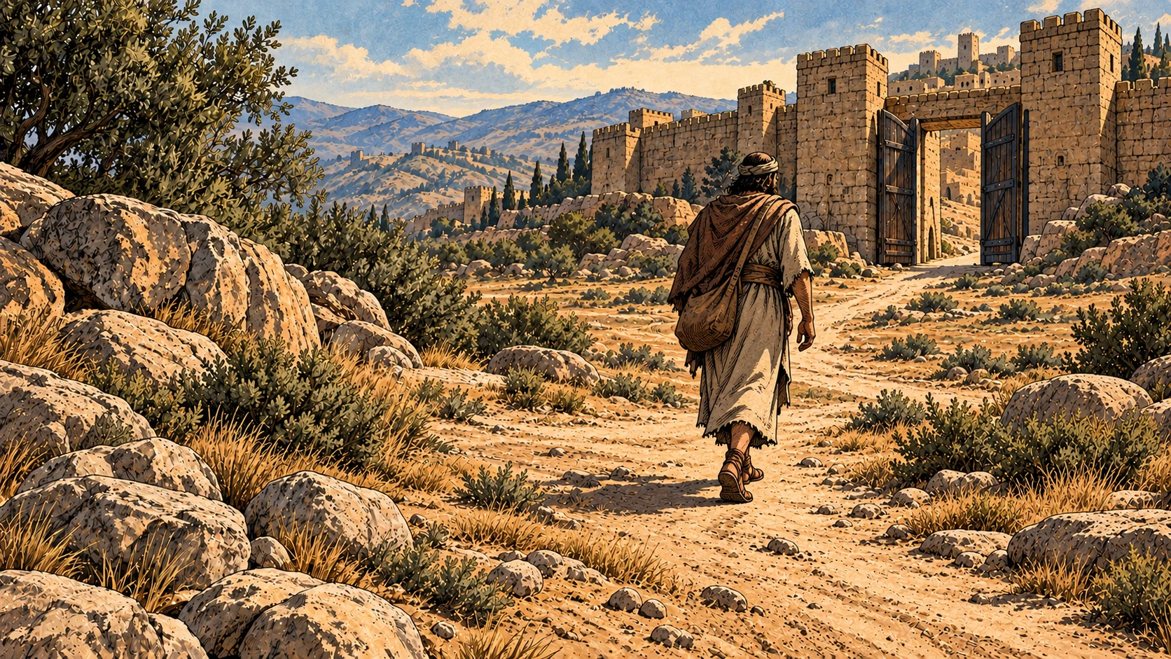An anonymous person approaches an open city gate.