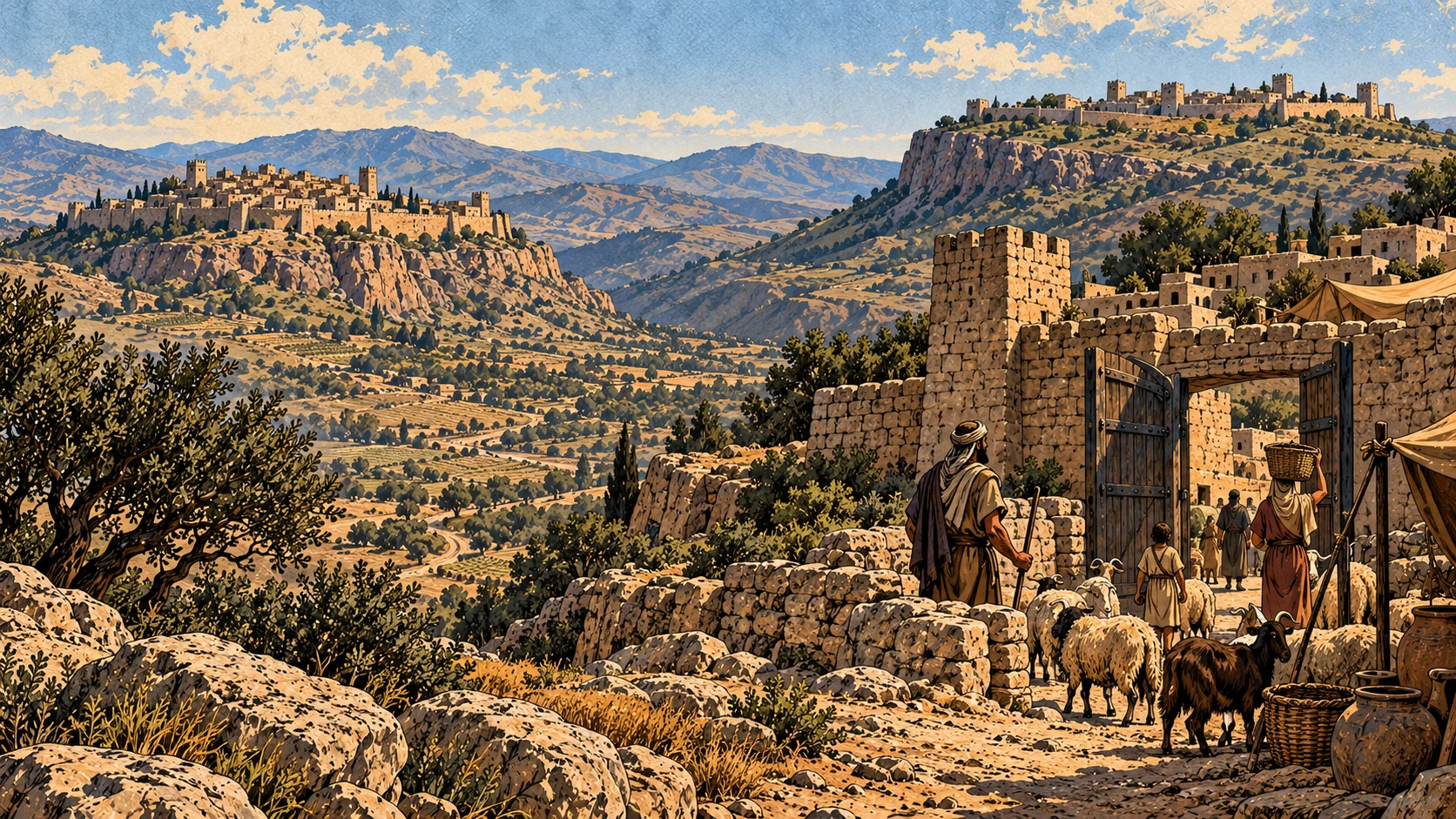 A settlement gate overlooks dry tableland.