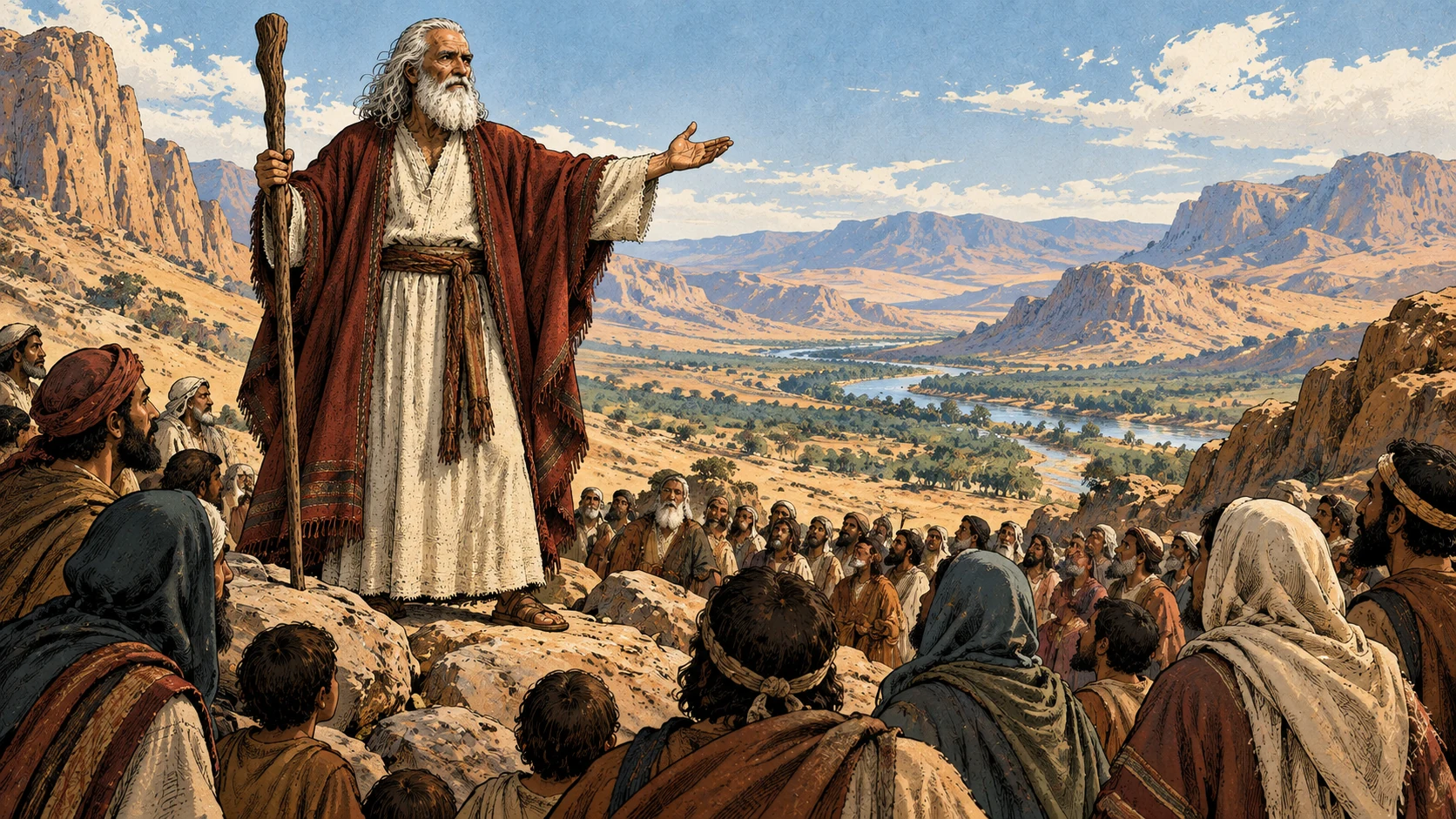 Moses stands before the assembled Israelites.