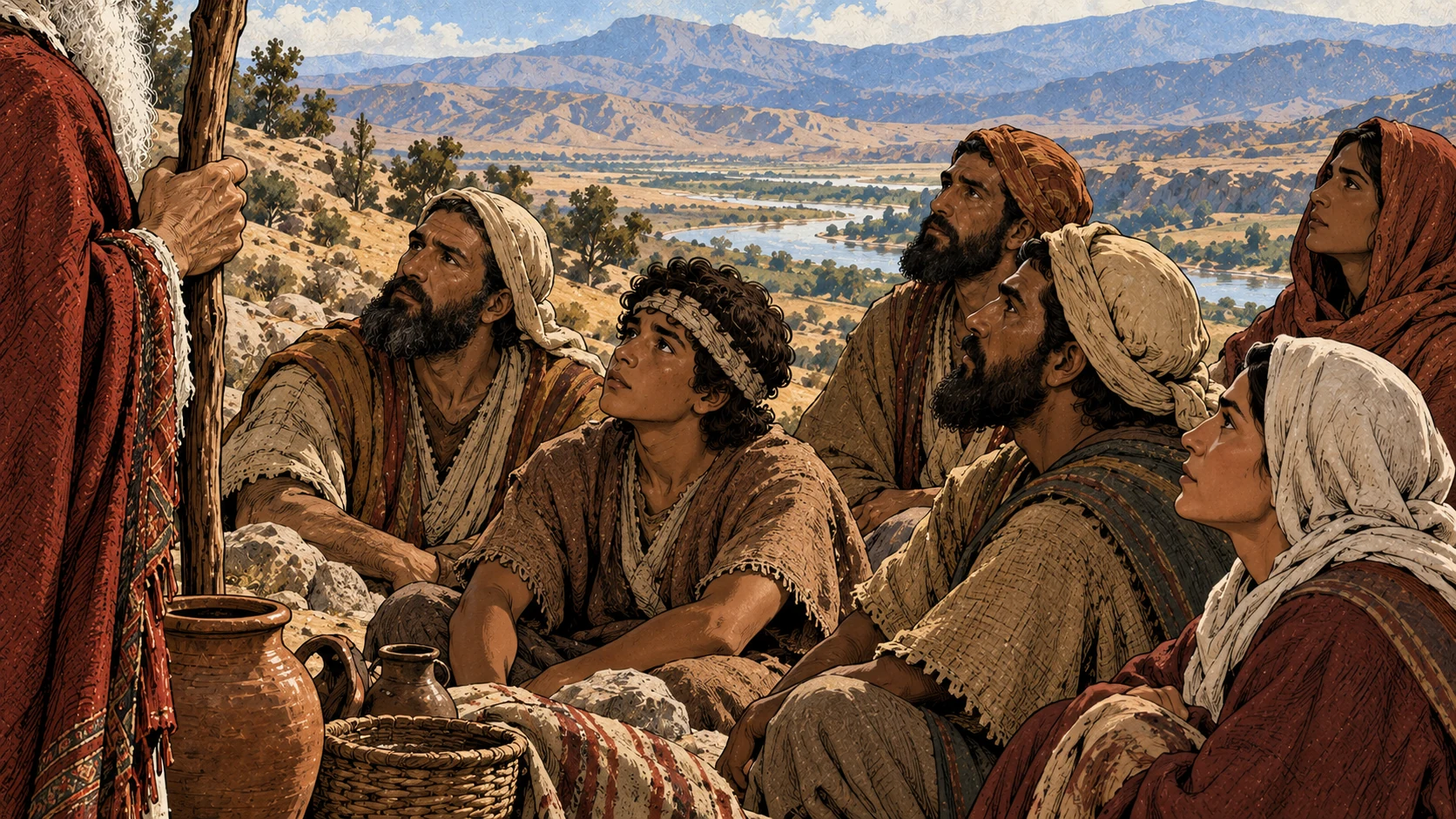 Listeners attend Moses beside ordinary camp vessels and the river.