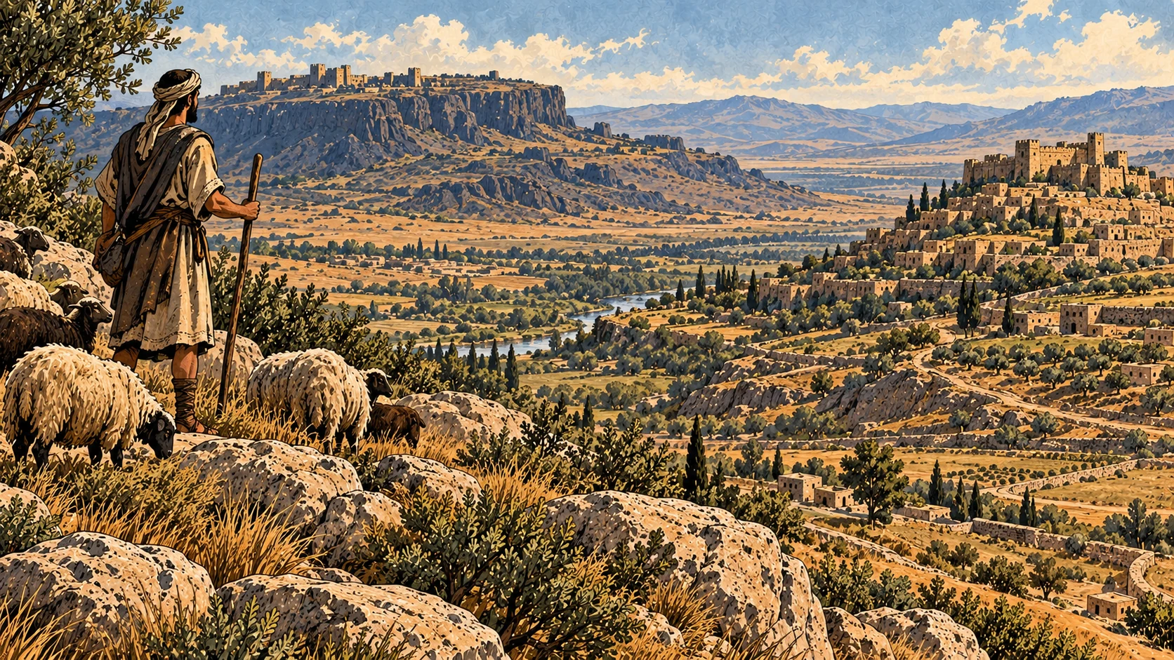 Quiet settlements and pasture stretch across a broad landscape.