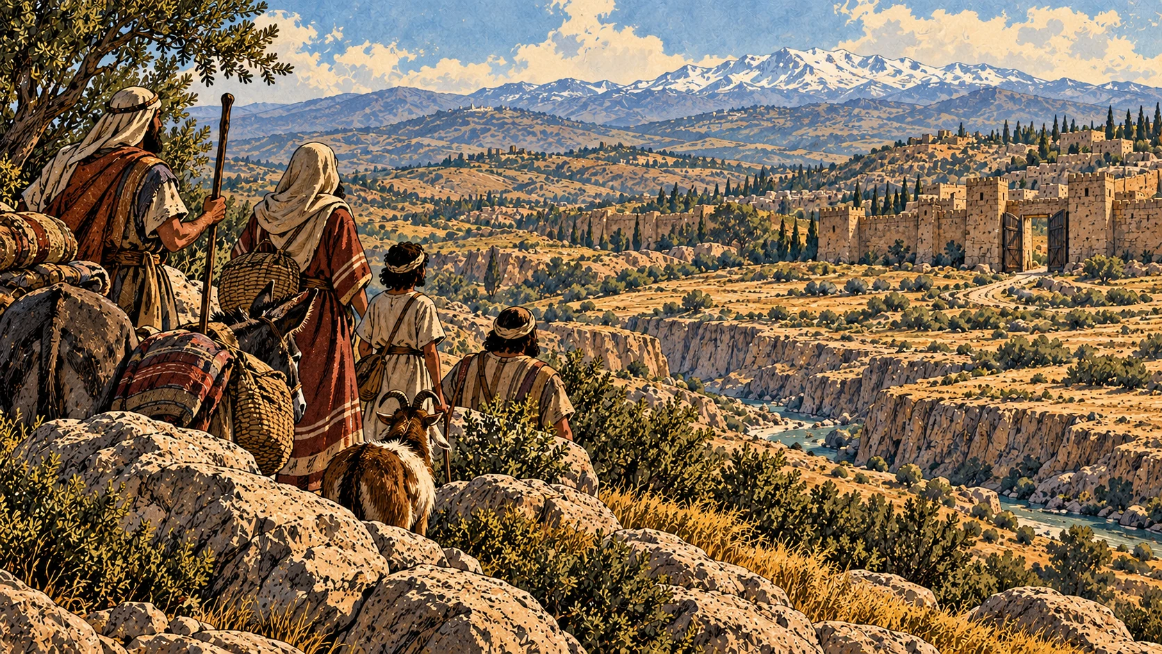 A rocky valley opens toward a distant snowy skyline.