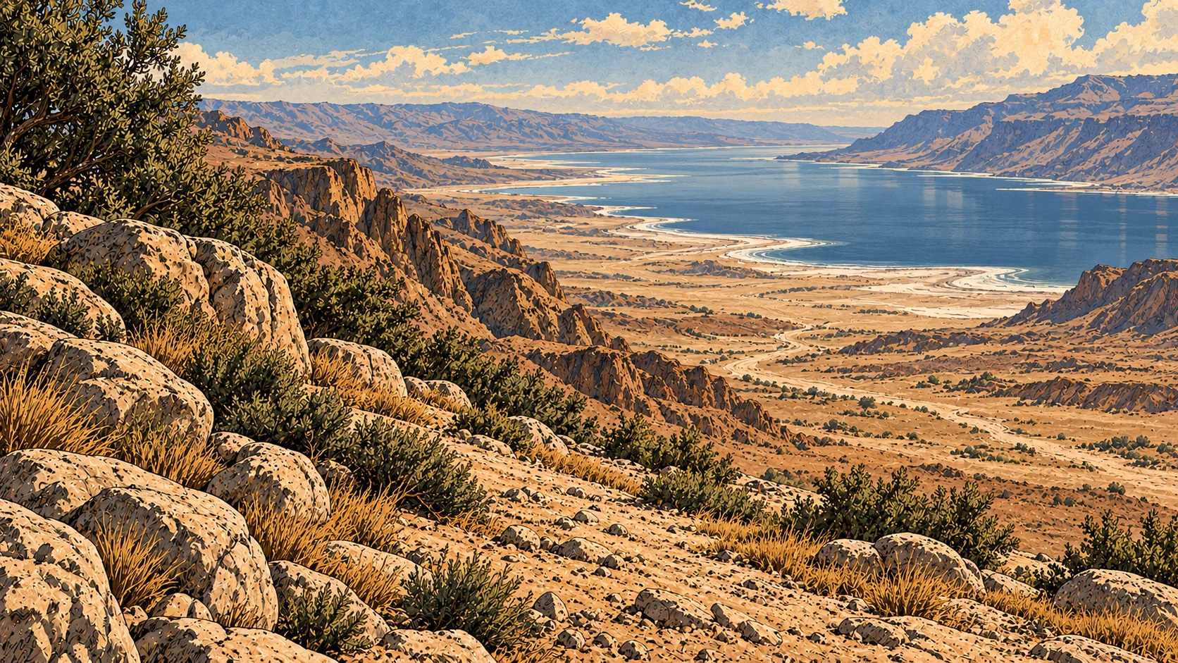 An unoccupied salt-water basin lies beneath eastern slopes.