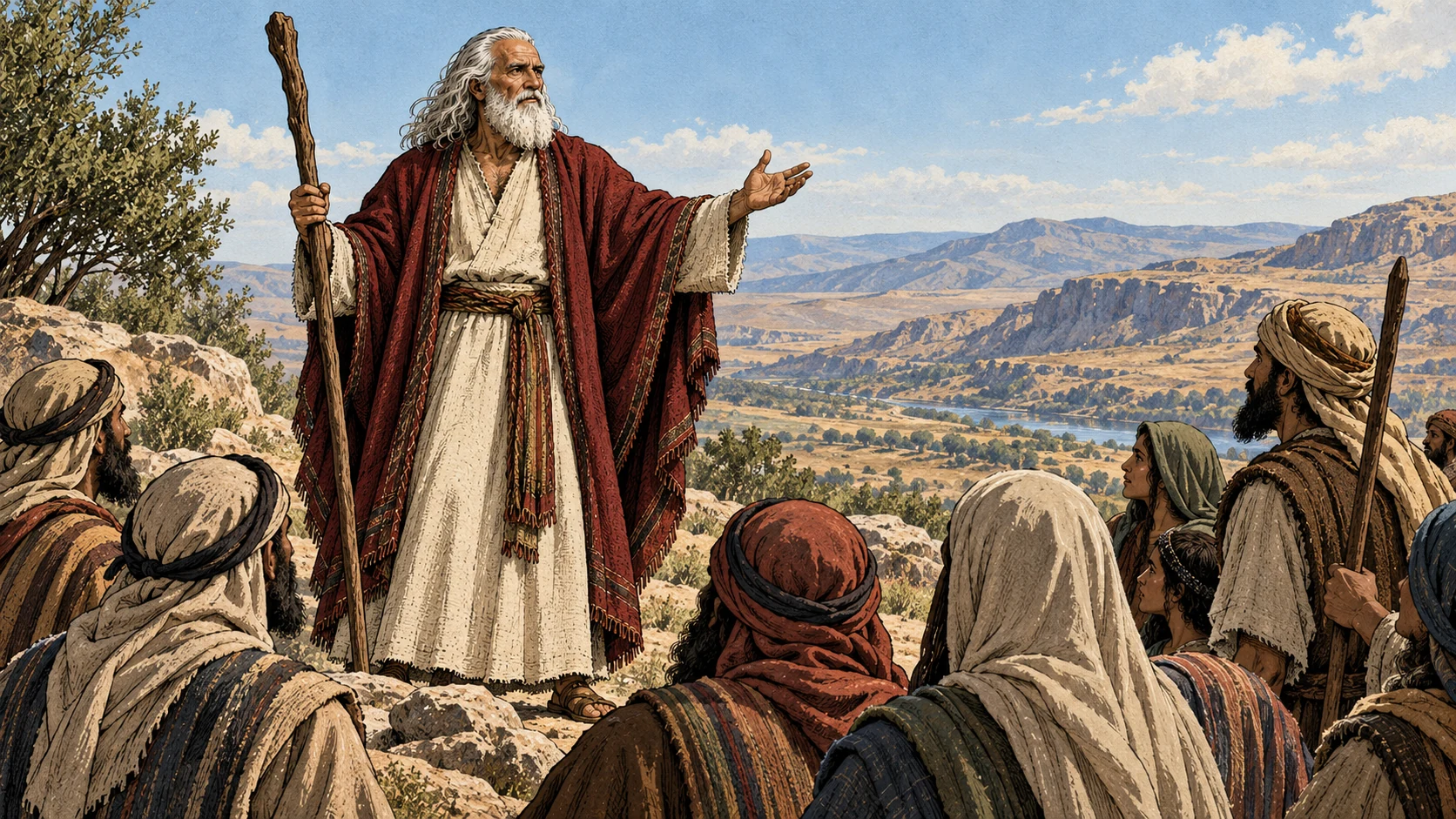 Moses teaches household representatives with the land beyond visible.