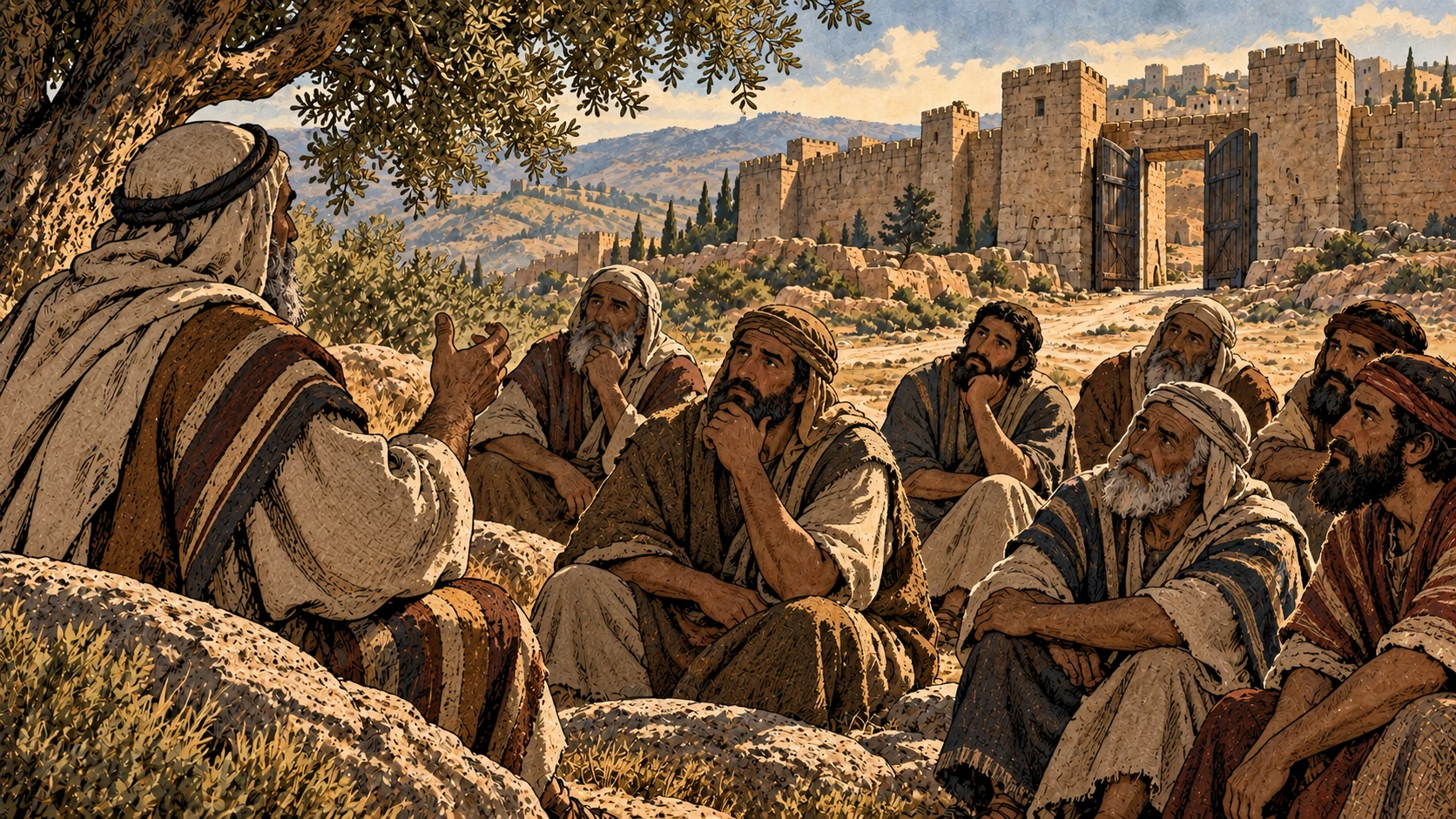 Anonymous elders listen thoughtfully in a shaded gathering.