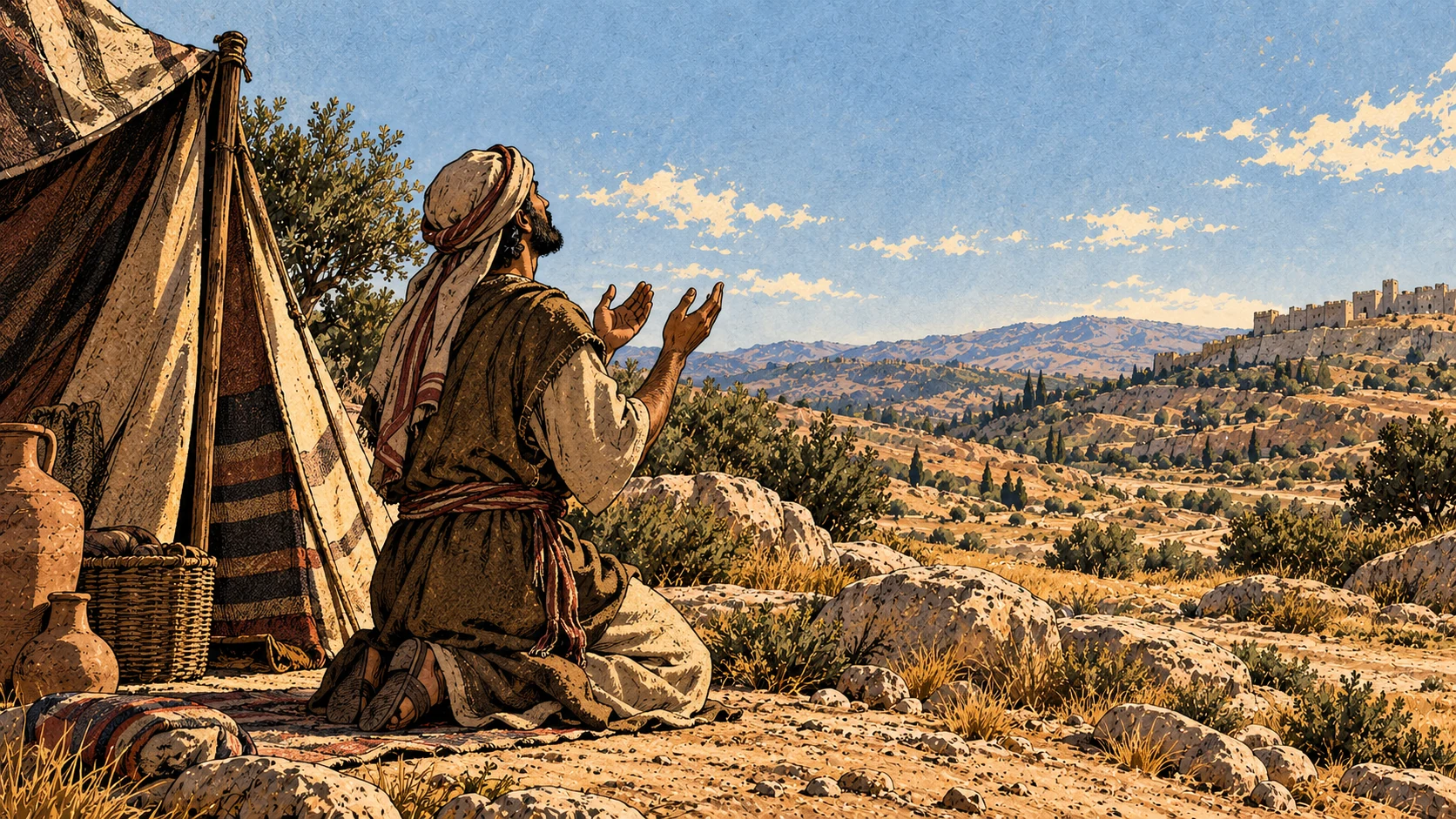 An anonymous worshipper prays quietly outside a tent.