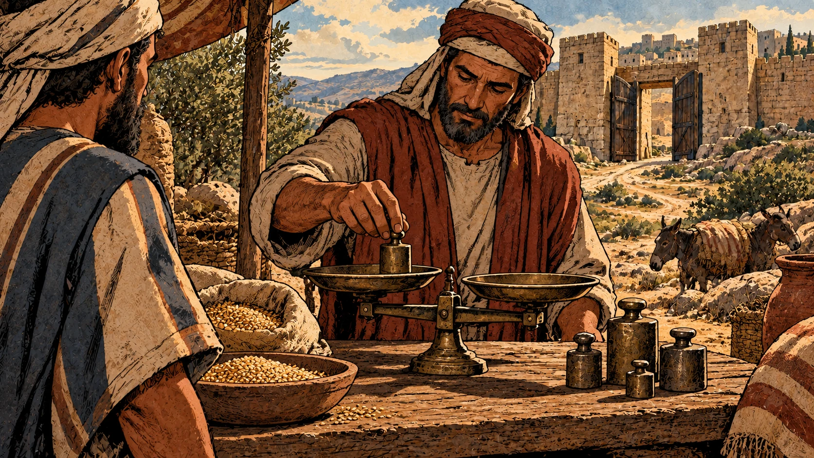 Ordinary grain measures and weights beside a beam balance.