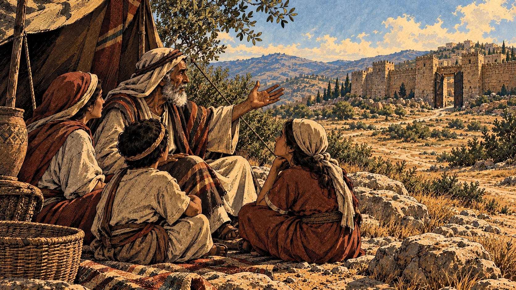 Three anonymous generations listen beside a tent.