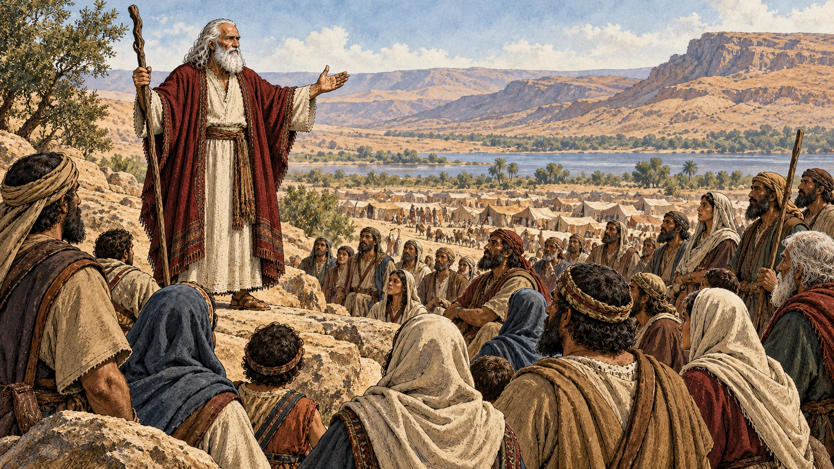 Moses calls attentive Israelites to hear beside their wilderness camp.