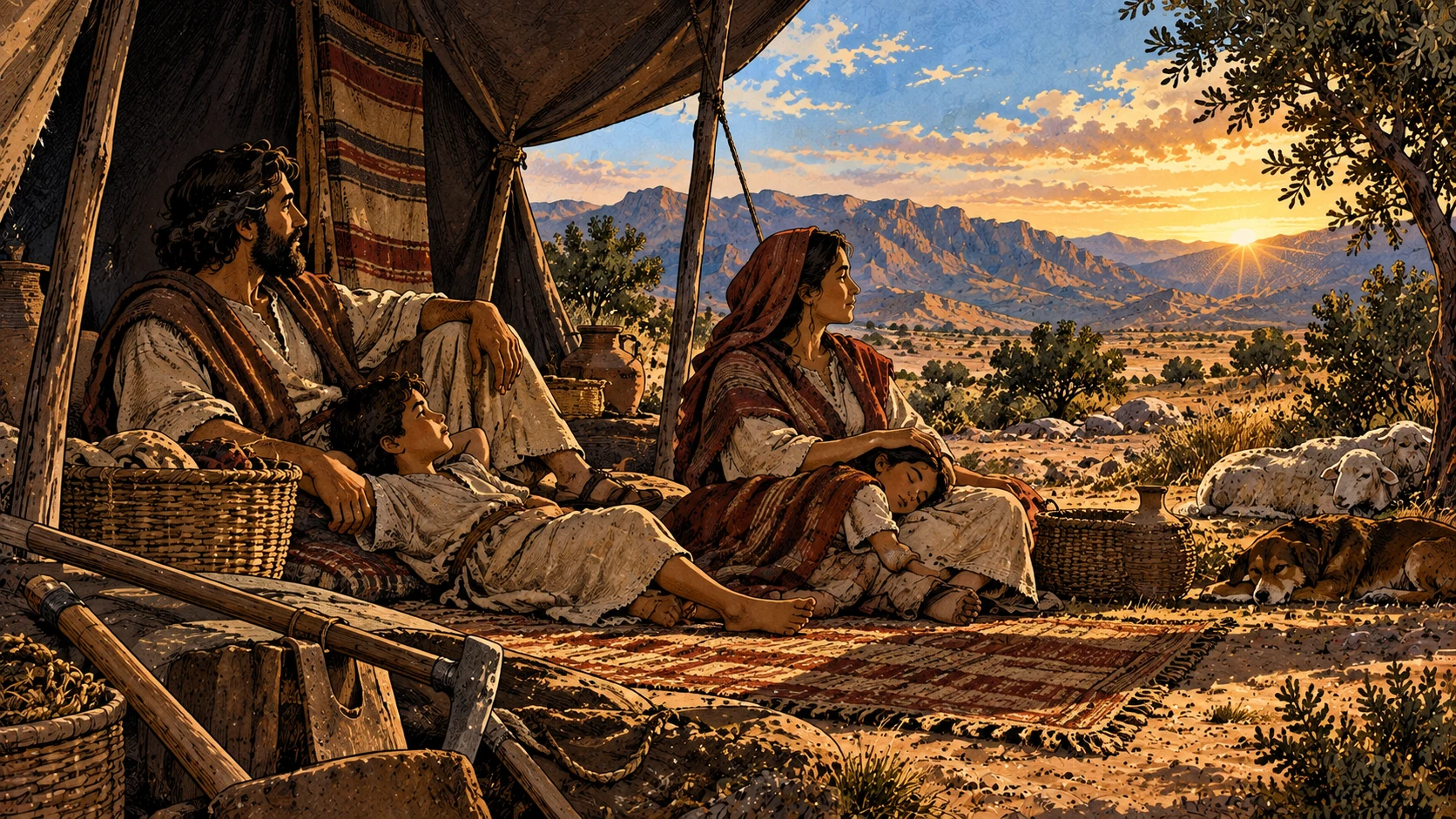 An anonymous family rests beside a tent with unused tools nearby.