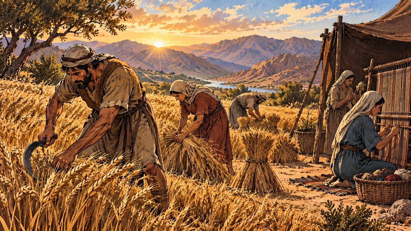 Anonymous workers harvest grain and weave cloth.