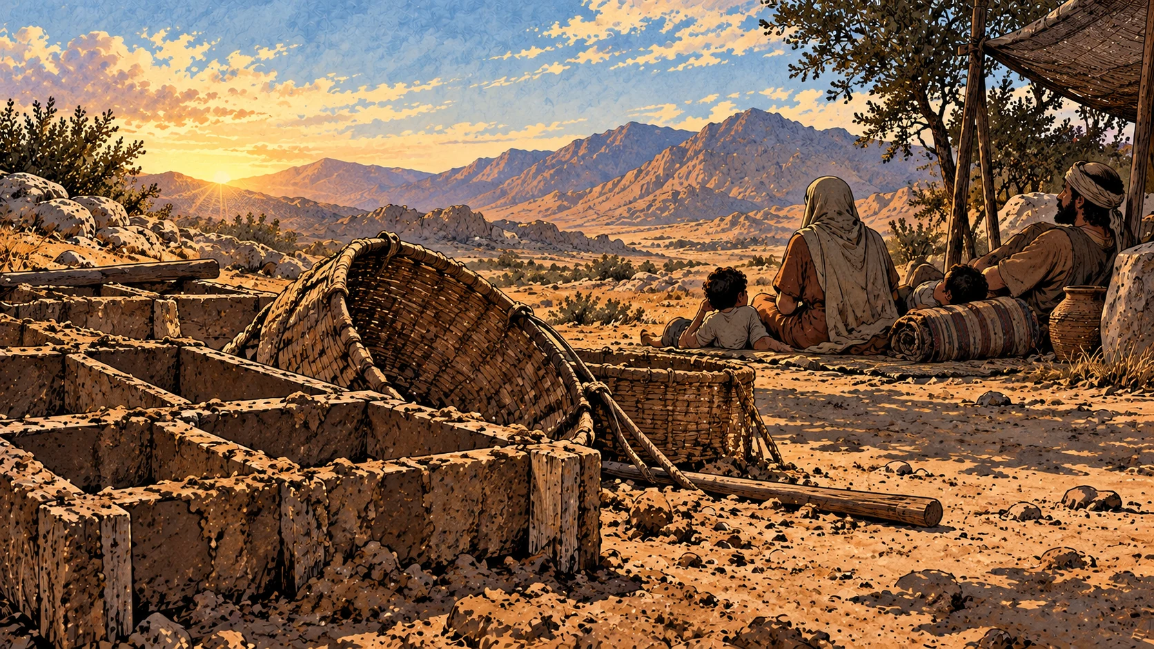 Unused brick molds and baskets lie before a resting family.