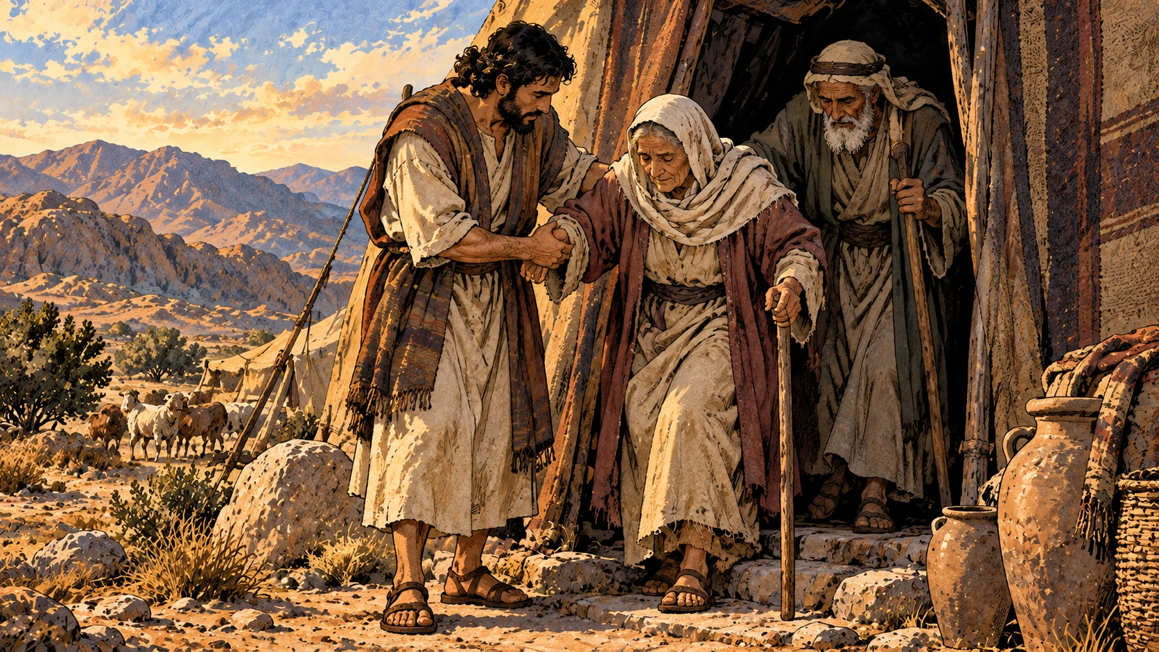 An adult helps an elderly mother beside an older father at a doorway.