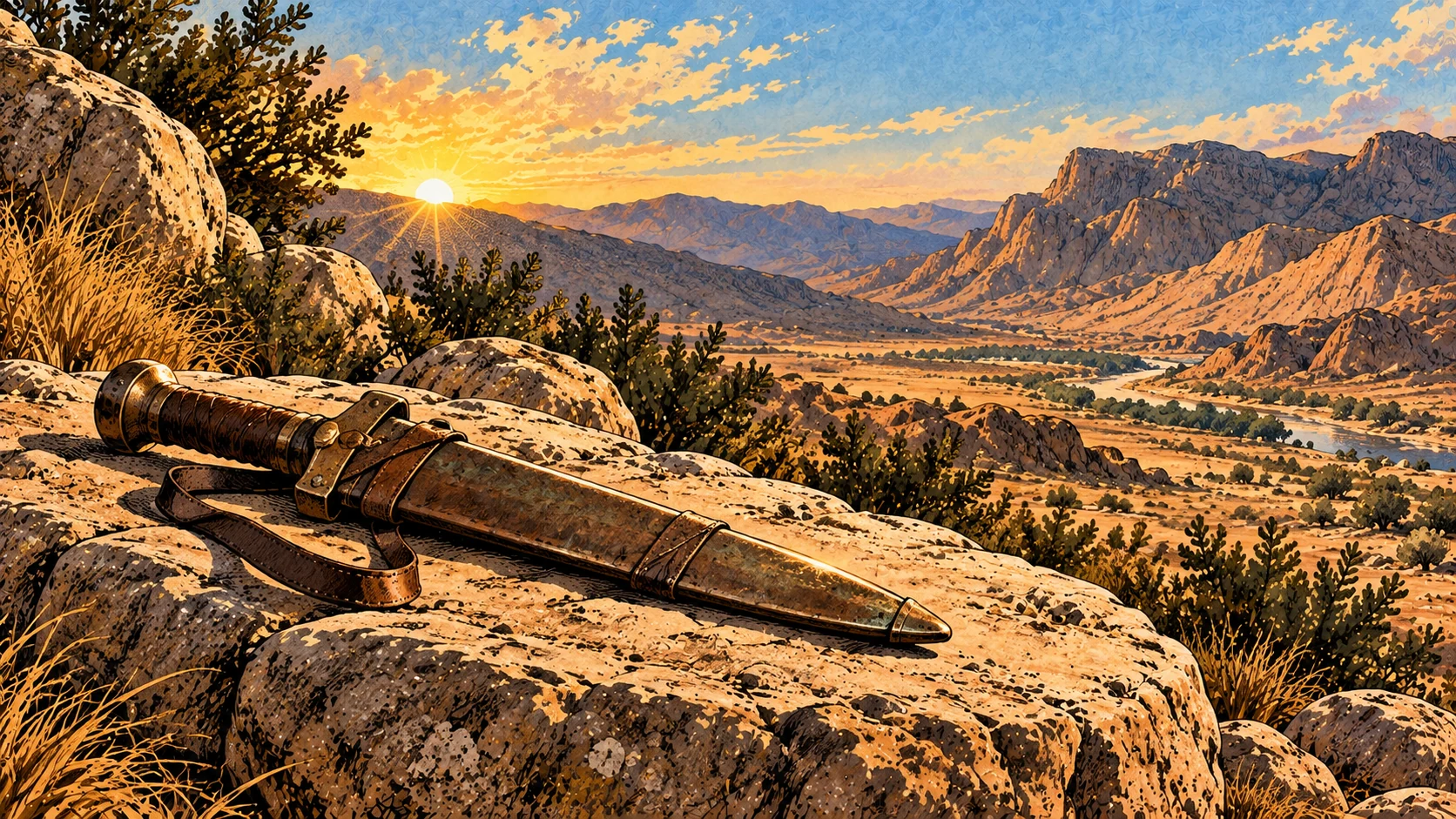 A sheathed bronze blade rests unused on a stone.