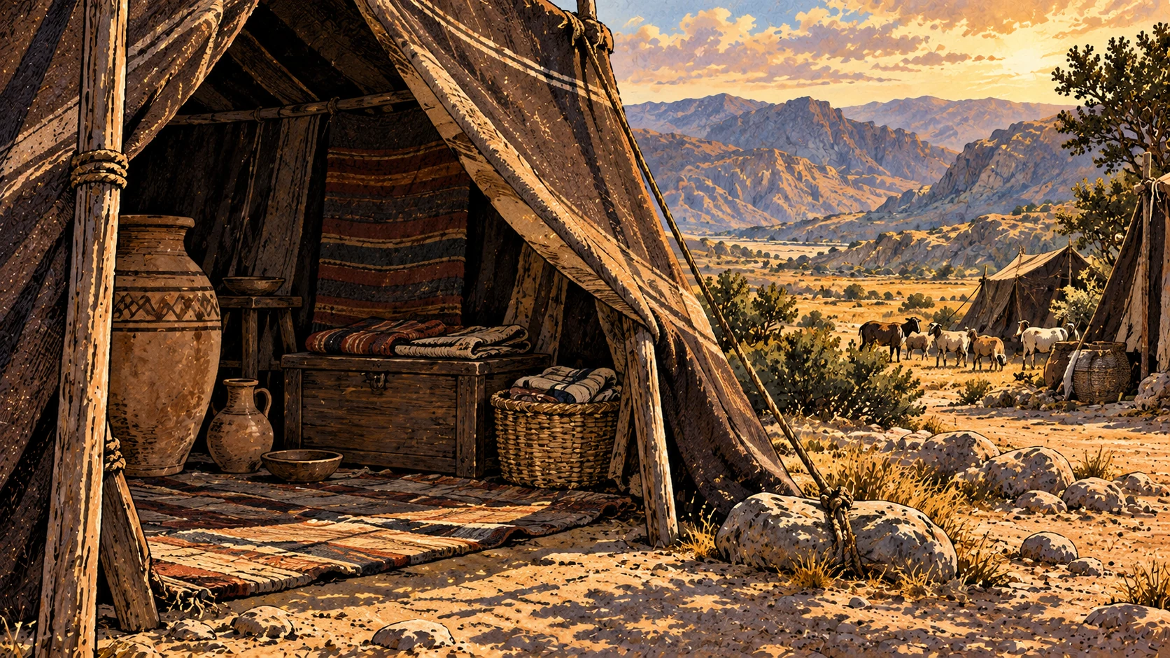 Intact household jars, cloth, and a chest sit inside an empty tent.