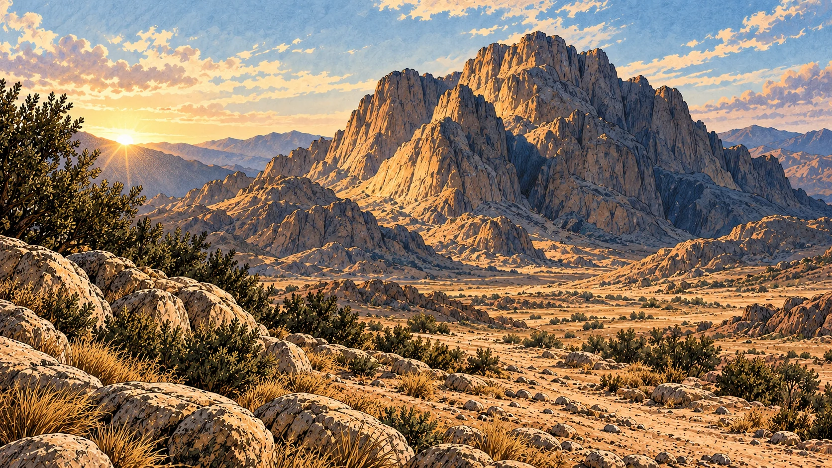 An unoccupied bare mountain rises in early light.