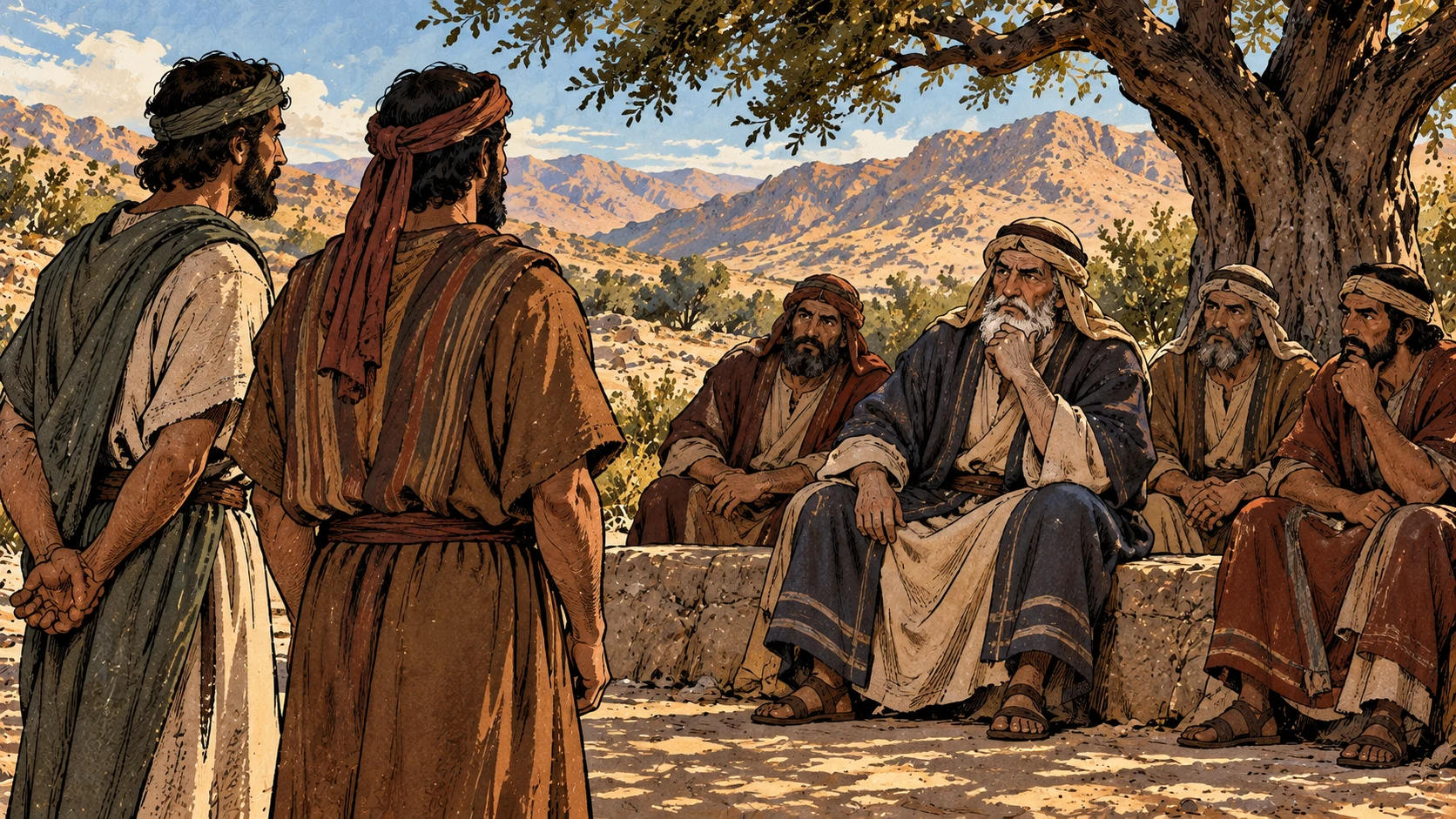 Anonymous elders listen to two adults in an ordinary shaded gathering.