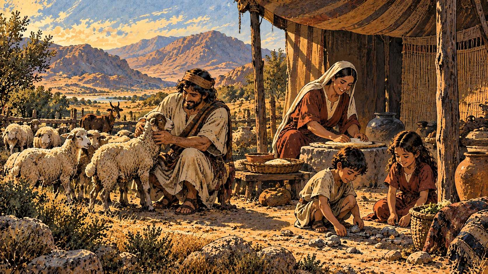 An anonymous family tends its own household and sheep.