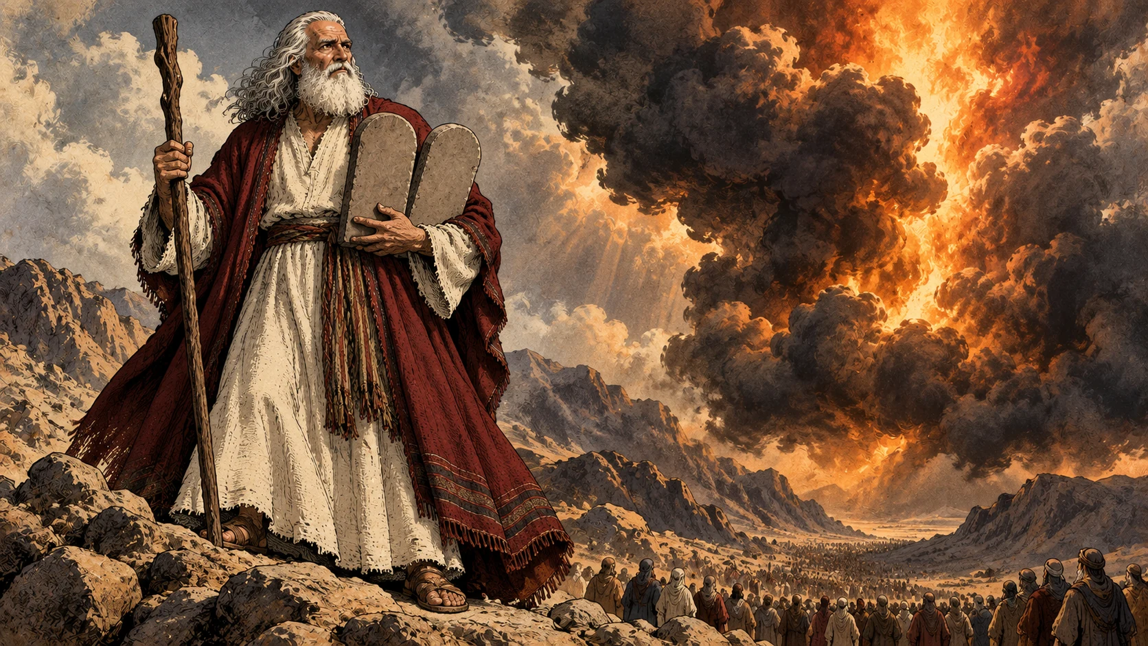 Moses holds two tablets with their unlettered backs visible beside a recollection of the fiery mountain and assembly.