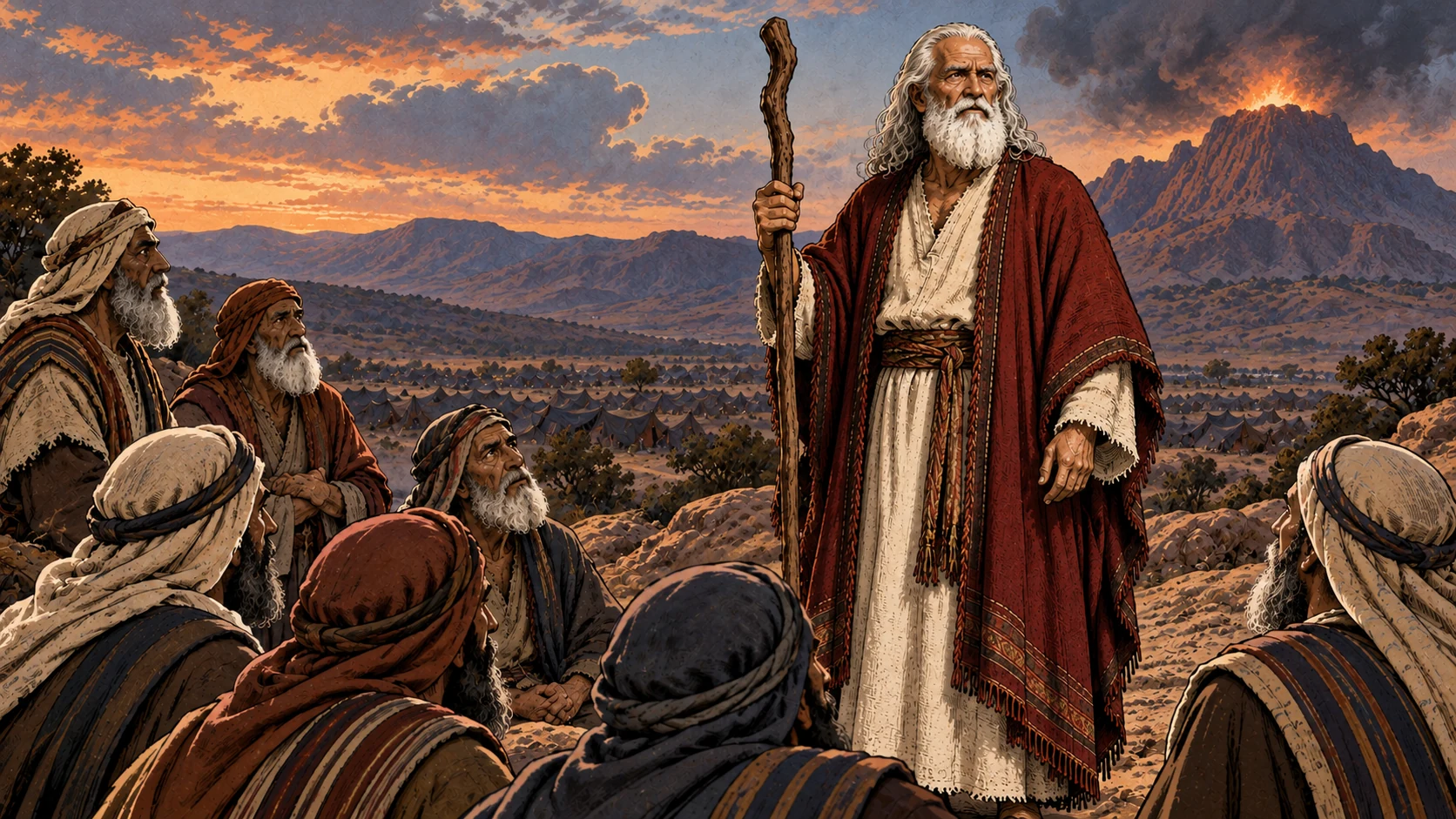 Moses listens to elders while fire glows on a distant mountain summit.