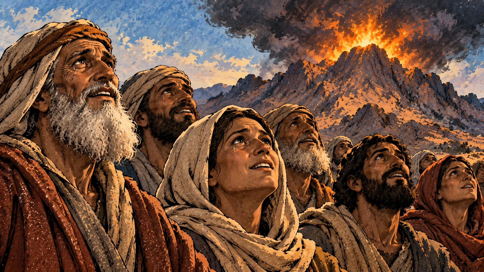Living elders look upward in awe beneath distant mountain fire.