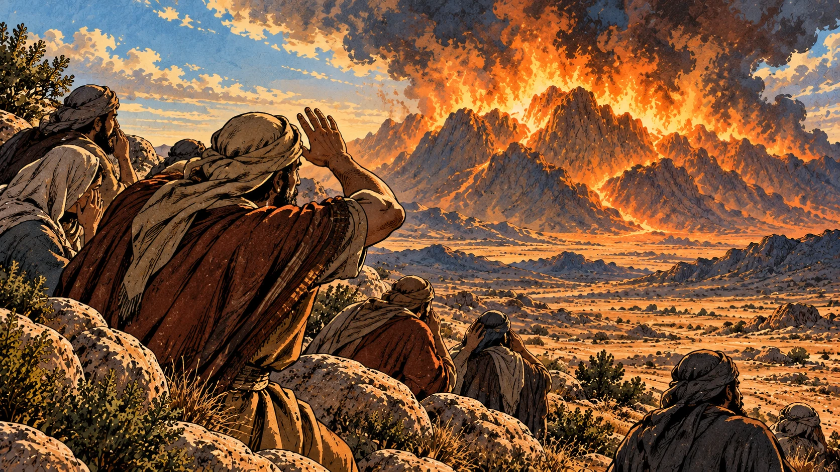 A frightened listener shields his face from distant mountain fire.