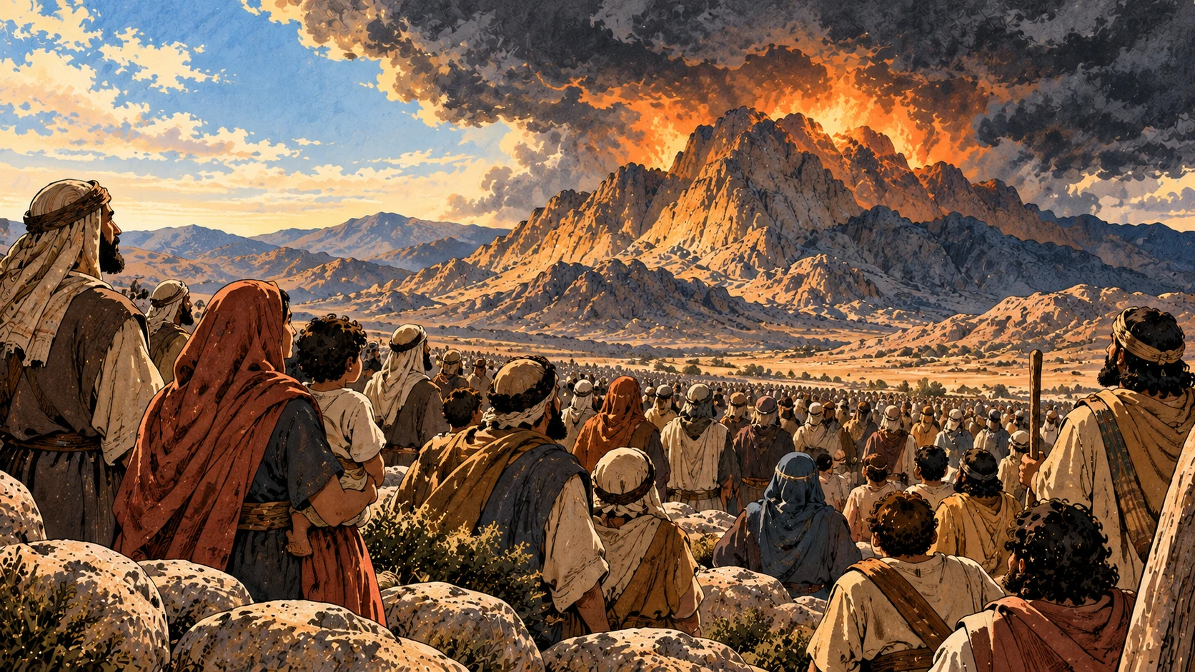 A living assembly looks toward the mountain beneath a dark cloud and summit fire.