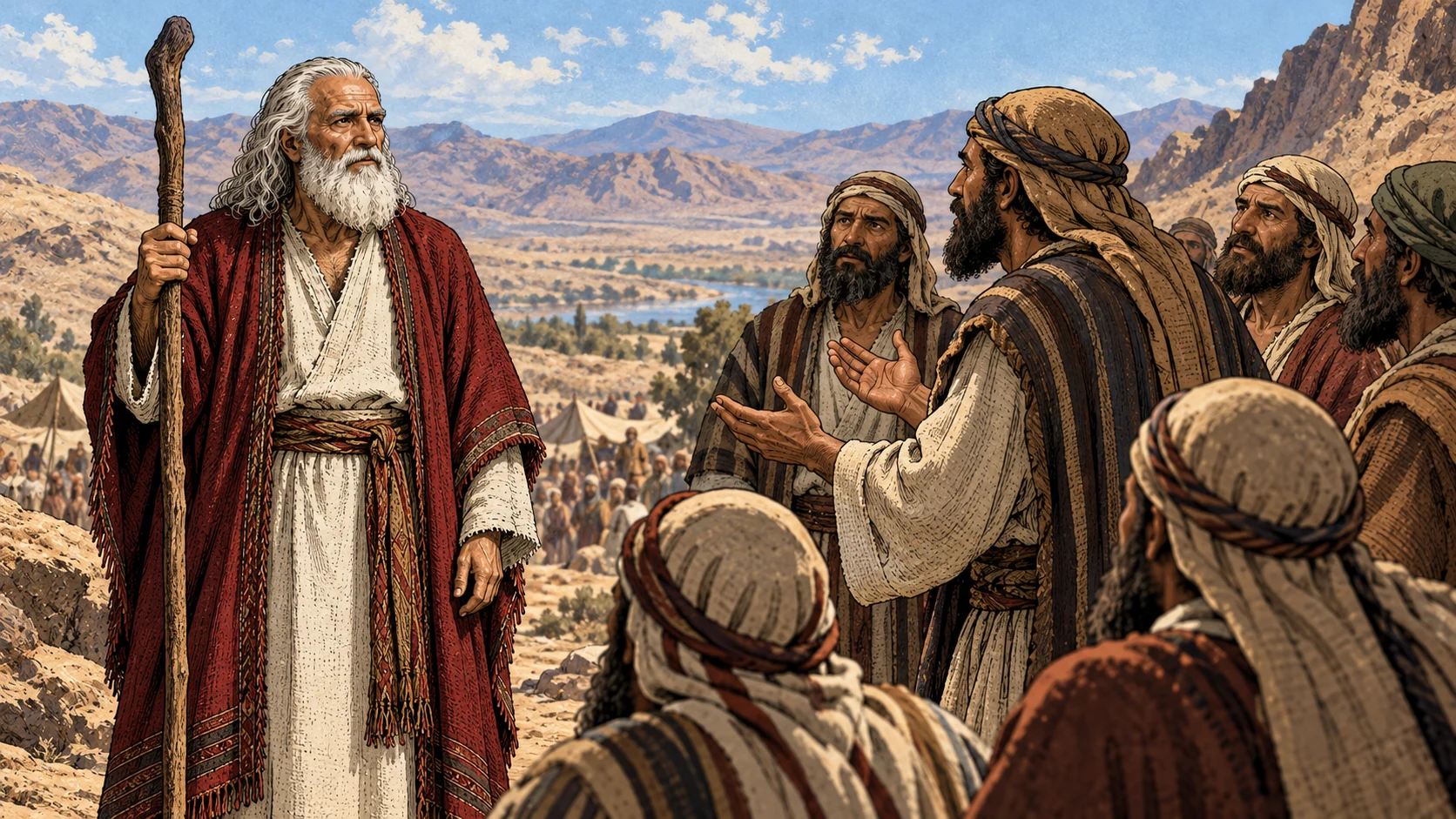 Anonymous representatives appeal to Moses as he listens.
