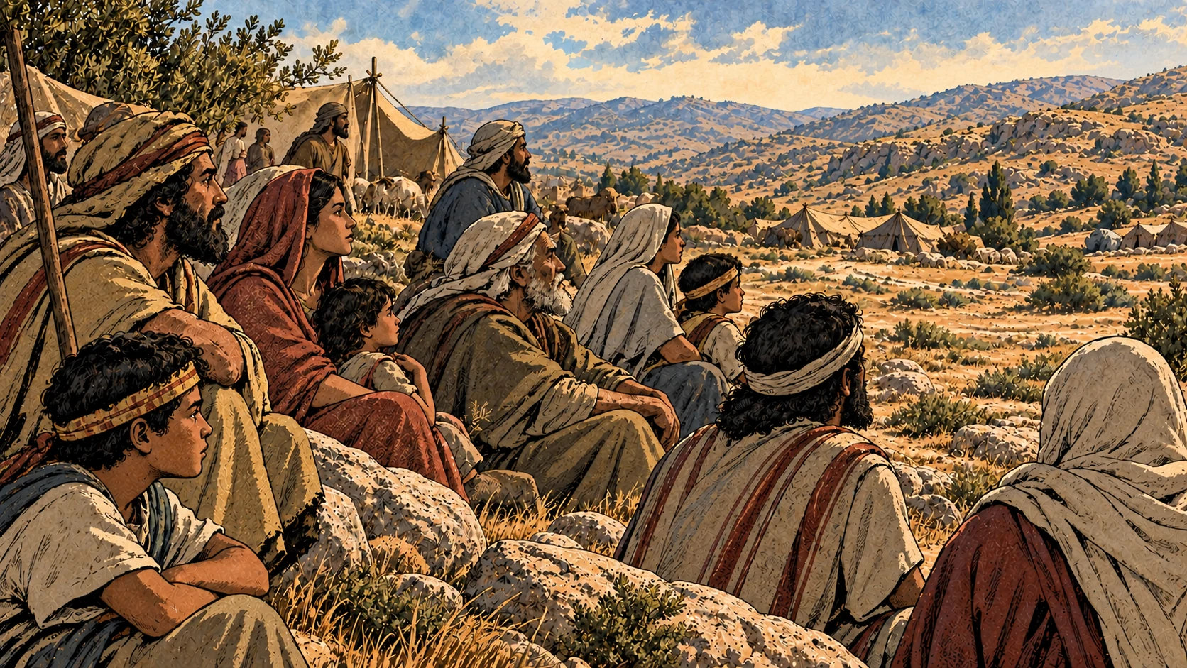 Anonymous listeners of different generations sit beside tents in the eastern camp.