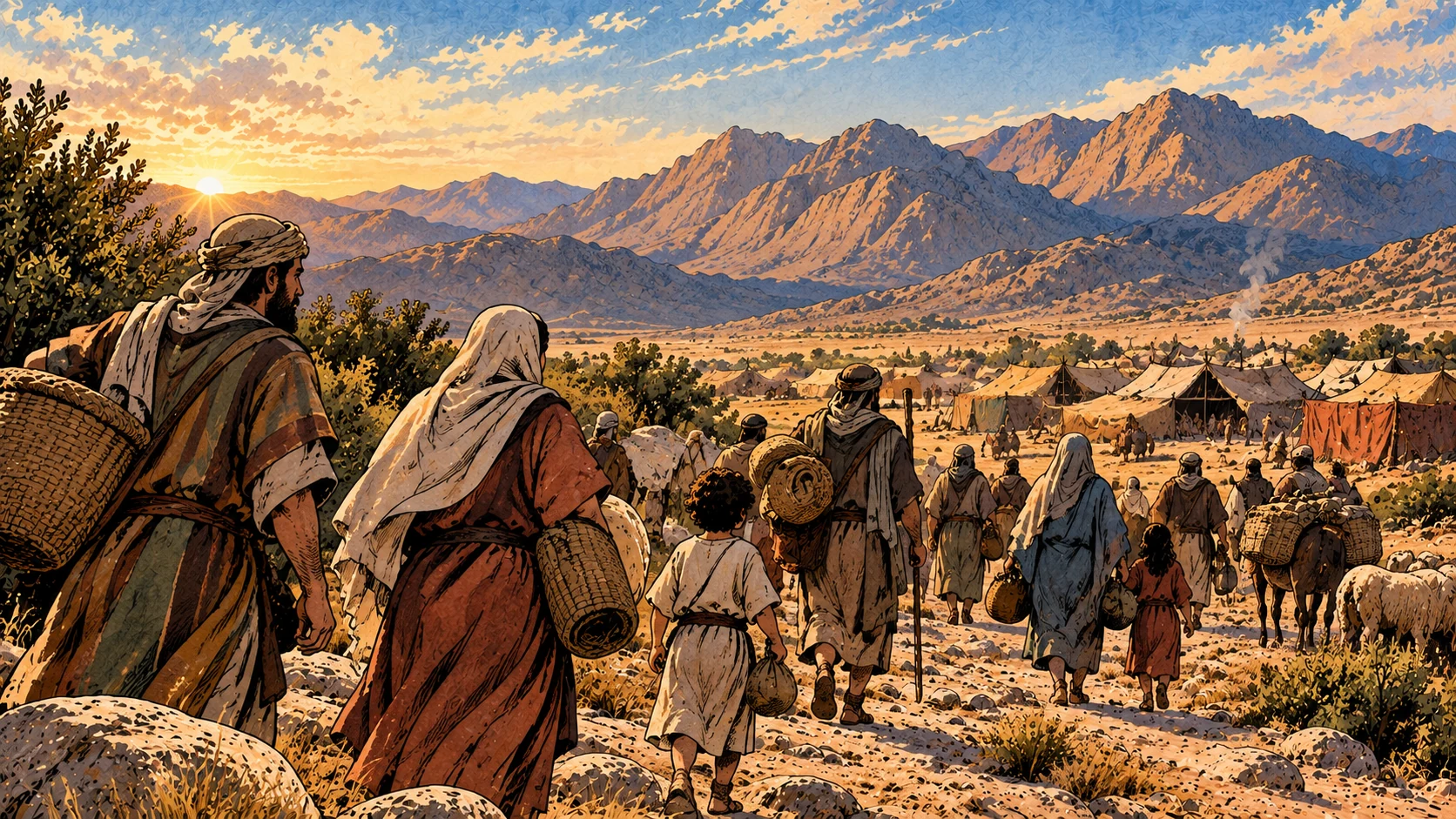 Households walk back toward their tents from the mountain foothills.