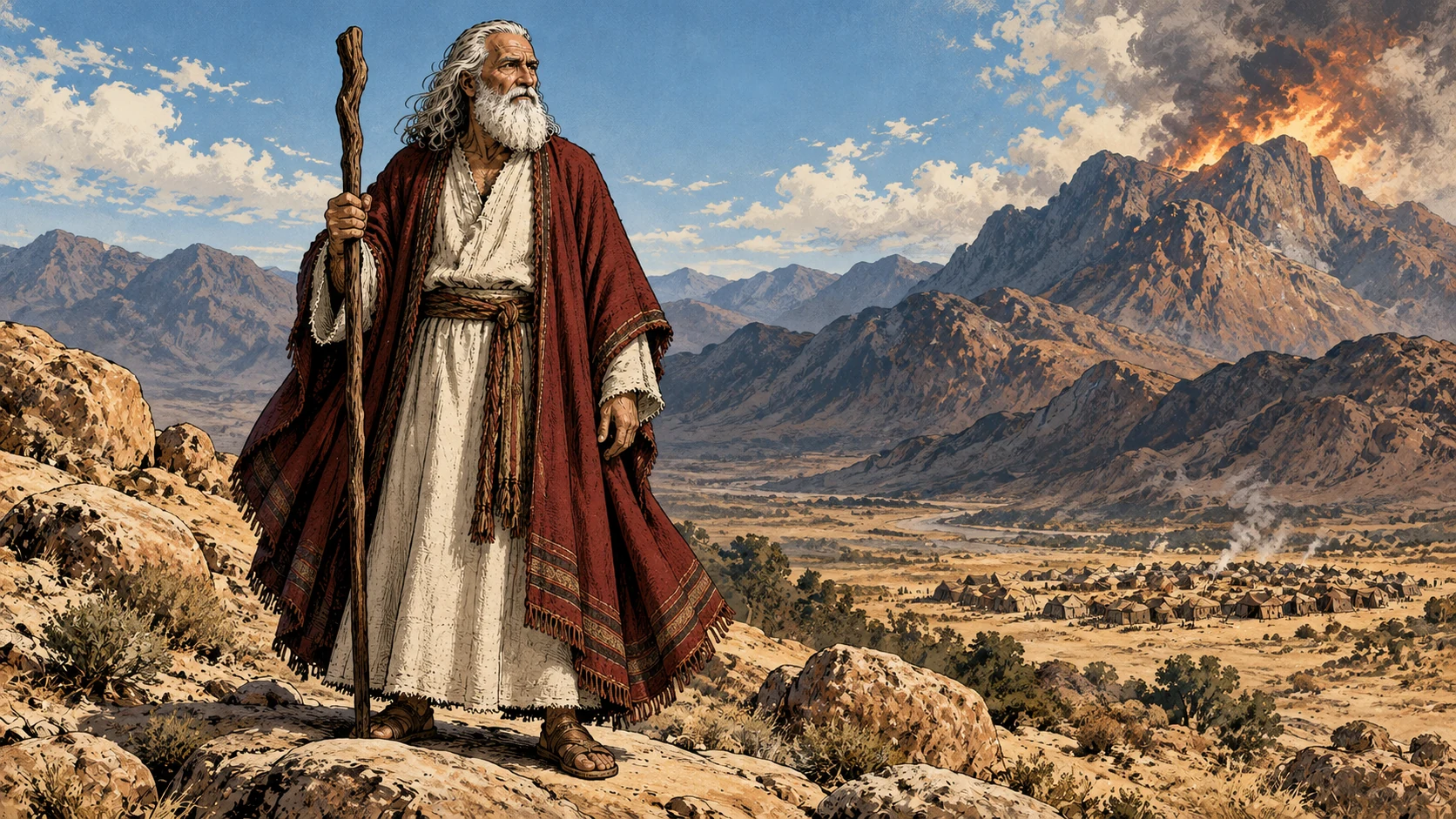 Moses remains alone with the camp behind him and distant fire on the mountain.