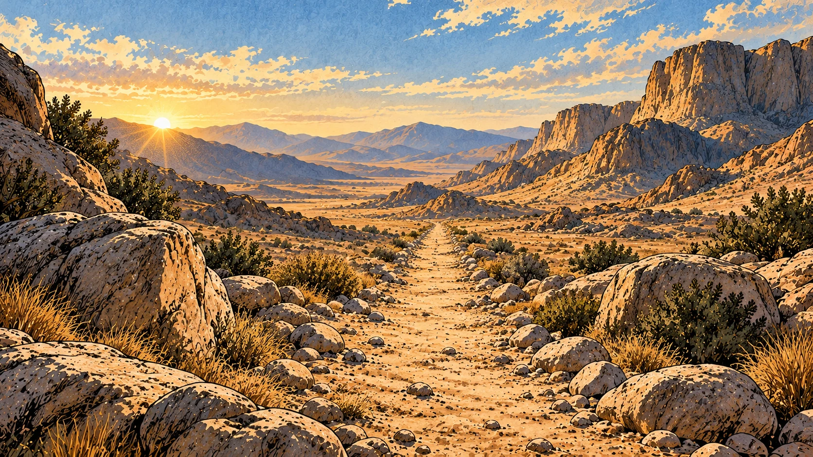 An unoccupied clear footpath runs between bare rocks.