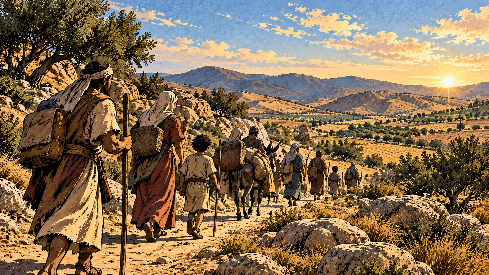 Families walk along a clear path toward open cultivated hills.